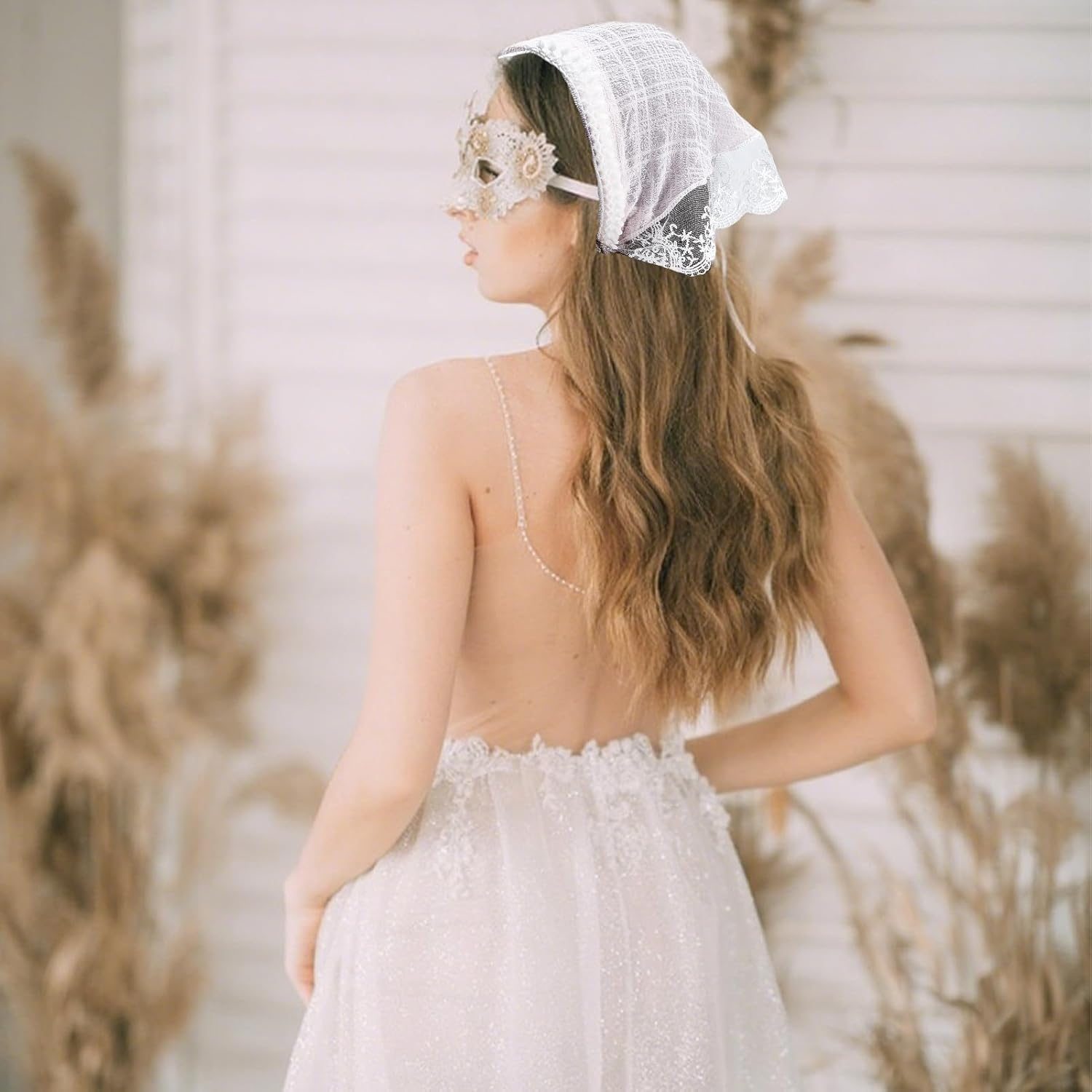 NICENEEDED 2 PCS Hair Scarf Headband, Beige Pink Triangle Lace Head Kerchief Boho Countryside Head Coverings, Non Slip Hairs Accessories for Women Taking Photo image number 5