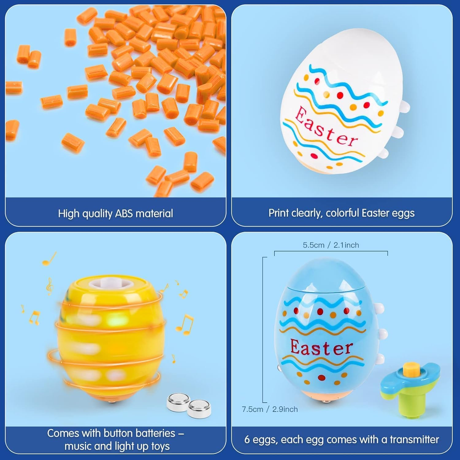Easter Toys Eggs for Kids - 4 Pack Lighting & Spining & Singing Plastic Colorful Easter Toys Egss, Easter Basket Stuffers Party Favors Easter Toys Gifts for Kids 3+ Boys Girls image number 2