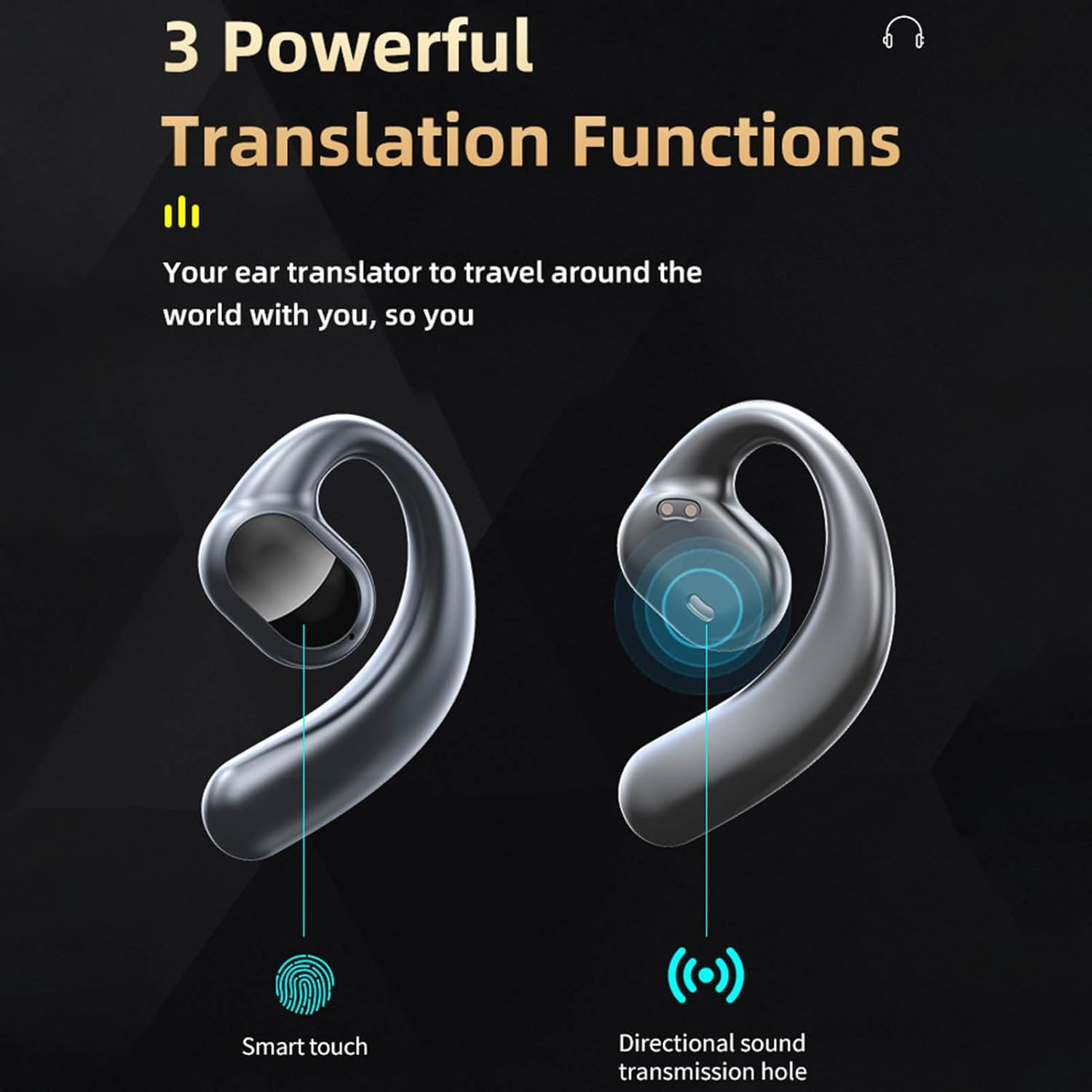 Language Translator Earbuds, Bluetooth Wireless Real Time Translator Earphone, Noise Reduction Translator for 144 Languages Online, for Business Travel Learning (Black) image number 4