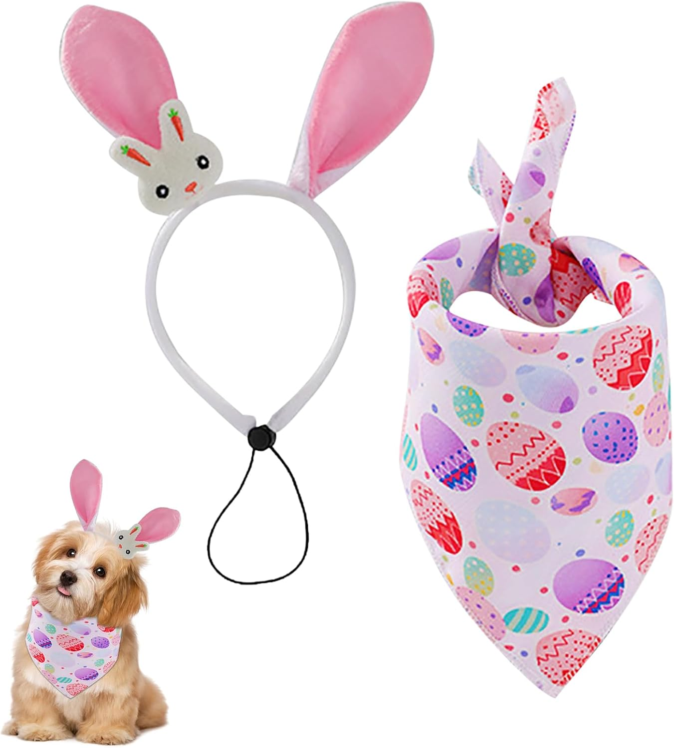 Durdiiy Dog Ear Headband+Easter Dog Bandanas, Cute Bunny/Carrot Ear Hairband+Easter Egg Pattern Easter Dog Scarf Triangle Bibs Pet Kerchief Bandana,Easter Party Puppy Headwear Supplies for Dog Cat (B) image number 2