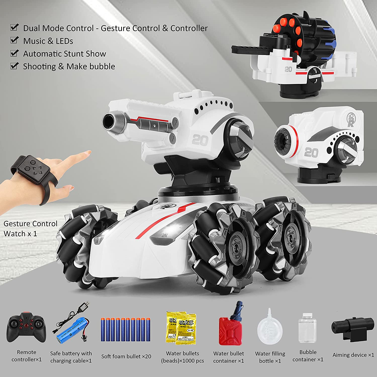 CXJ 3 Head RC Tank Car, Shooting Water Bullets(Bomb) Remote Control Car, Kids 4WD Battle Stunt Car, Blow Bubble, Shoot Foam Darts, 360&deg;Rotating, Leds, Music, Toy Gifts for 6-15 Years Old Boys Girls image number 1