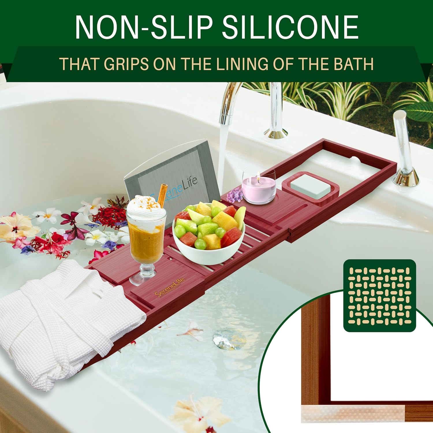 Serenelife Bamboo Bathtub Caddy with Luxury Gift Box and Red Gifting Ribbon Extendable & Adjustable Tray with Device/Book Holder with Removable Trays for Bath Accessories (Stain Brown) image number 3