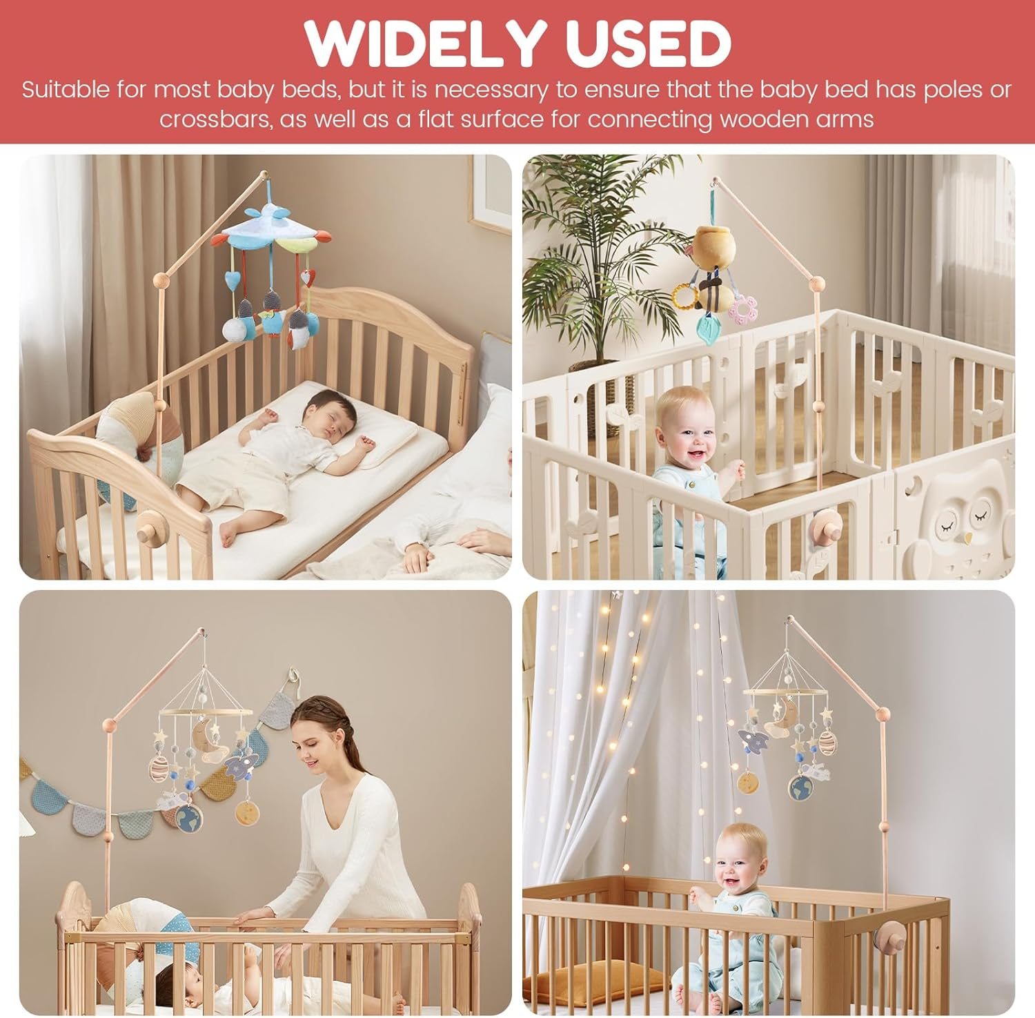 Crib Mobile Stand with Fixed Screw, Premium Smooth Wood Burr Free Widened Base Detachable Stand, with 360&deg; Rotatable Top, Baby Crib Mobile Arm for Home image number 4