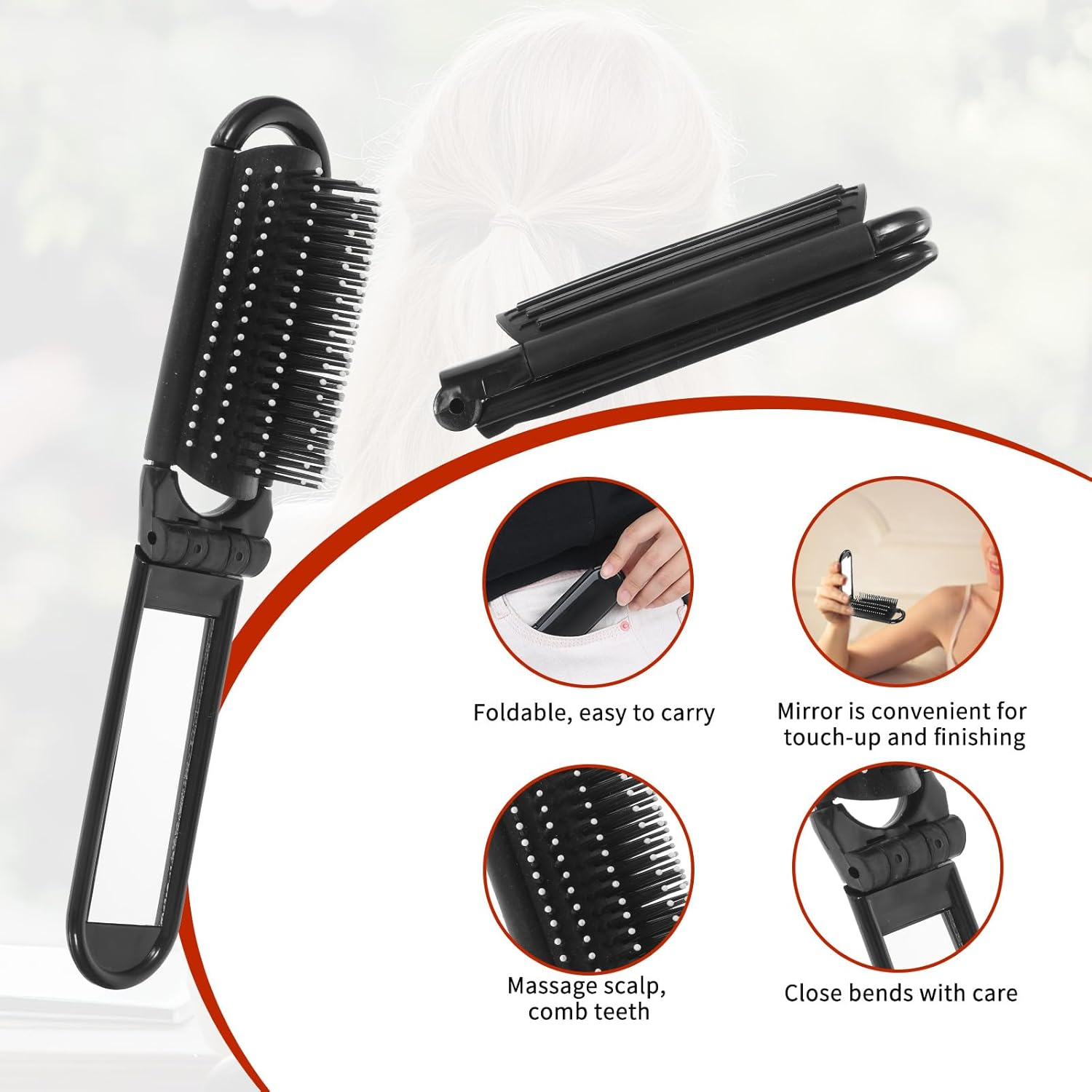 Folding Hair Brush with Mirror, 2 Pcs Portable Travel Brush for Women Pocket Size Anti-Static Mini Hairbrush Compact Massage Comb Hair Styling Tools for Women Girls Home Travel Gym Purse (Black) image number 2
