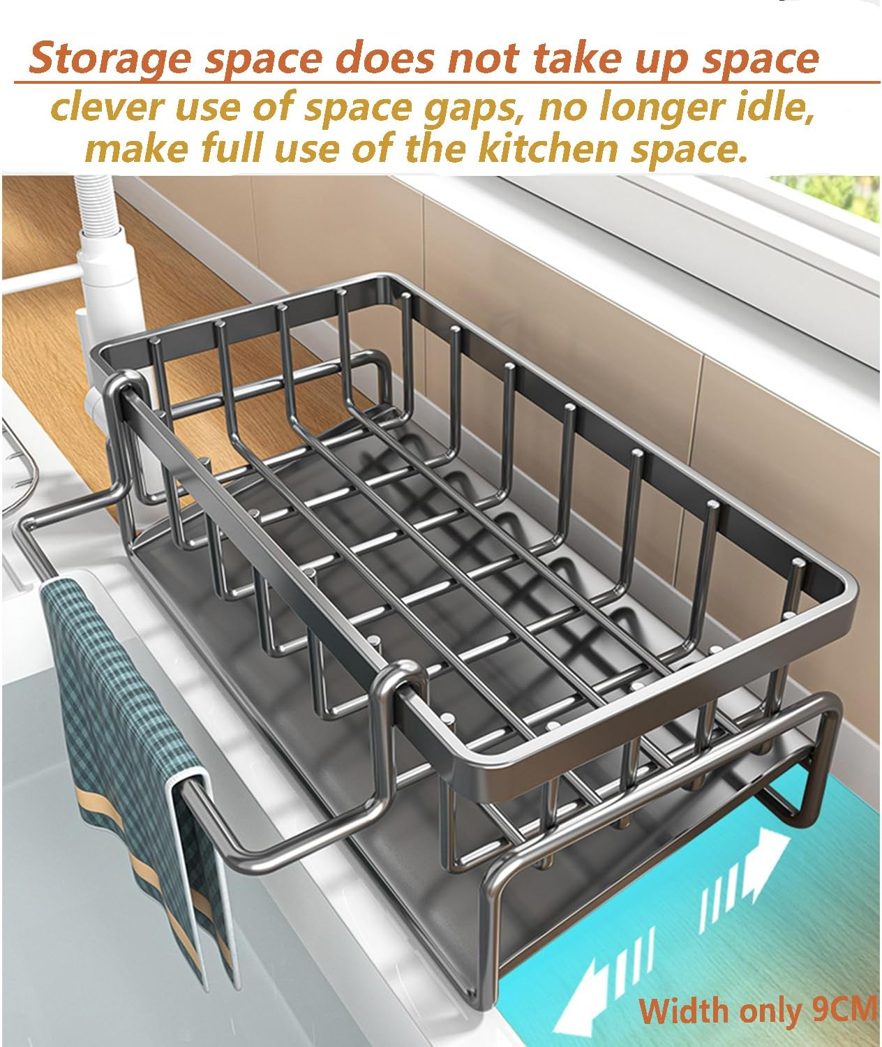 Kitchen Sink Caddy Organiser with Self Draining Tray, Sponge Holder for Kitchen Sink with Brush Holder, Dish Soap Dispenser Storage, Kitchen Sink Organise, Organiser for Counter (Black) - Gray image number 7