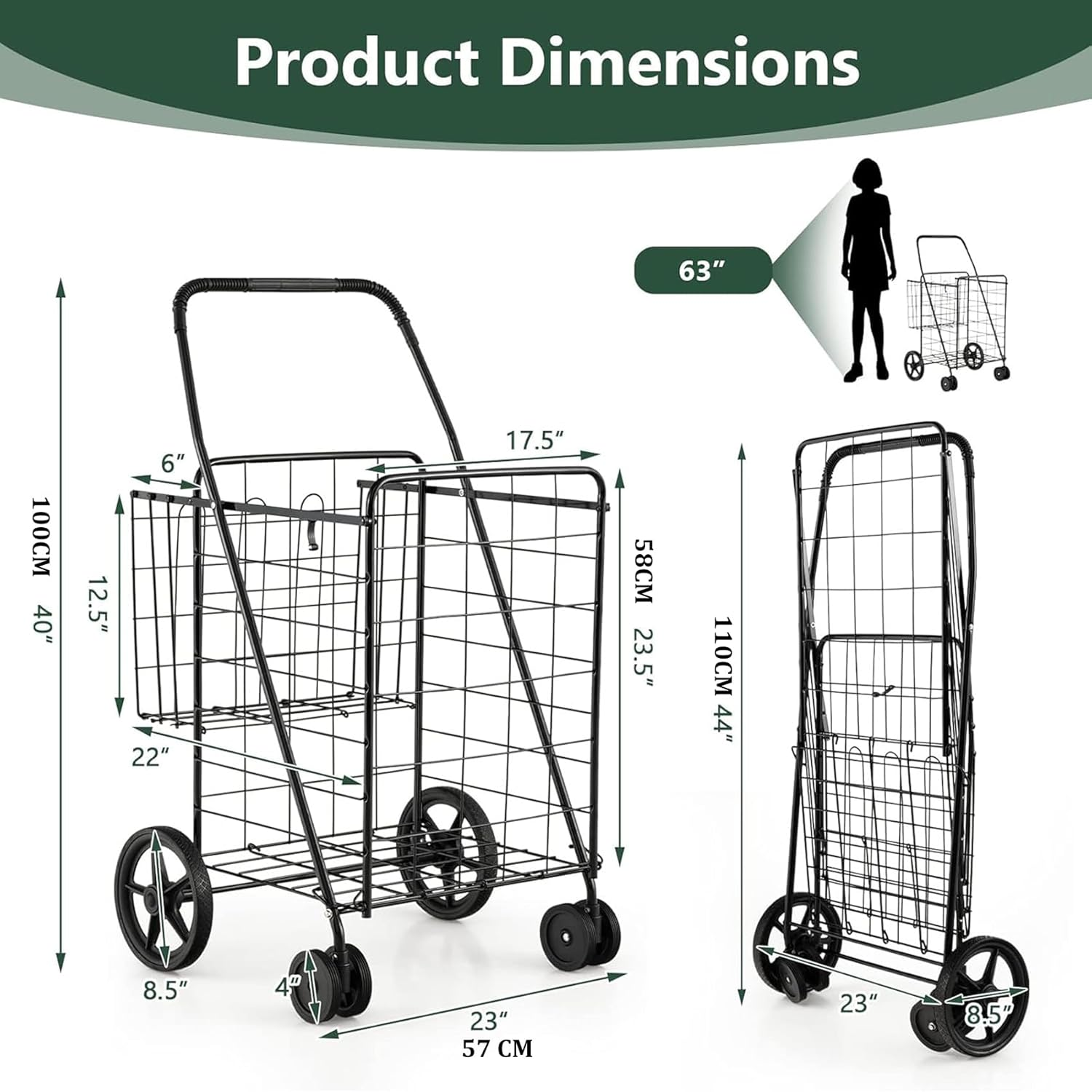 Foldable Shopping Cart with Rolling Swivel Wheels, Heavy Duty Grocery Utility Cart with Double Basket for Groceries Laundry Luggage Travel, 56 * 62 * 102Cm Black 118L image number 1