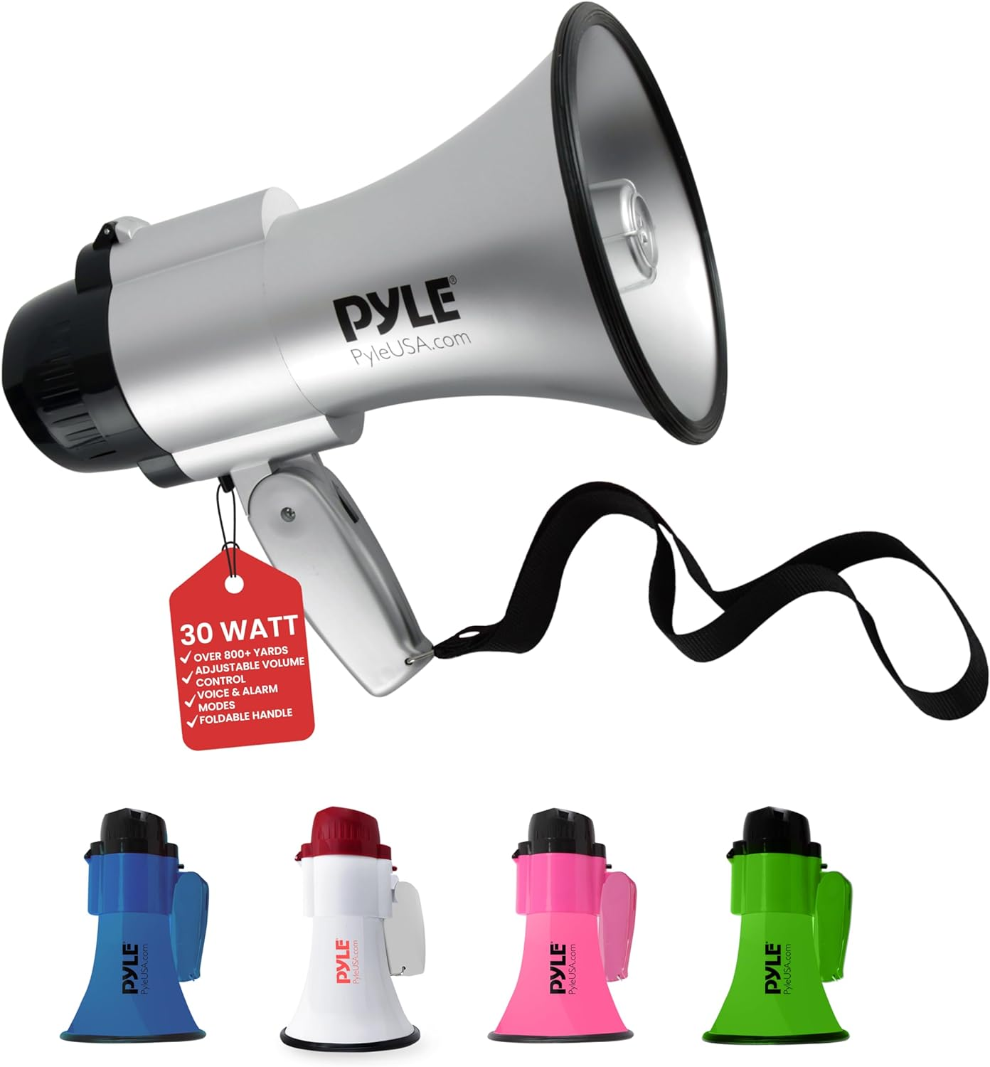 Portable Megaphone Speaker Siren Bullhorn - Compact and Battery Operated with 30 Watt Power, Microphone, 2 Modes, PA Sound and Foldable Handle for Cheerleading and Police Use - Pyle PMP32GR (Green)