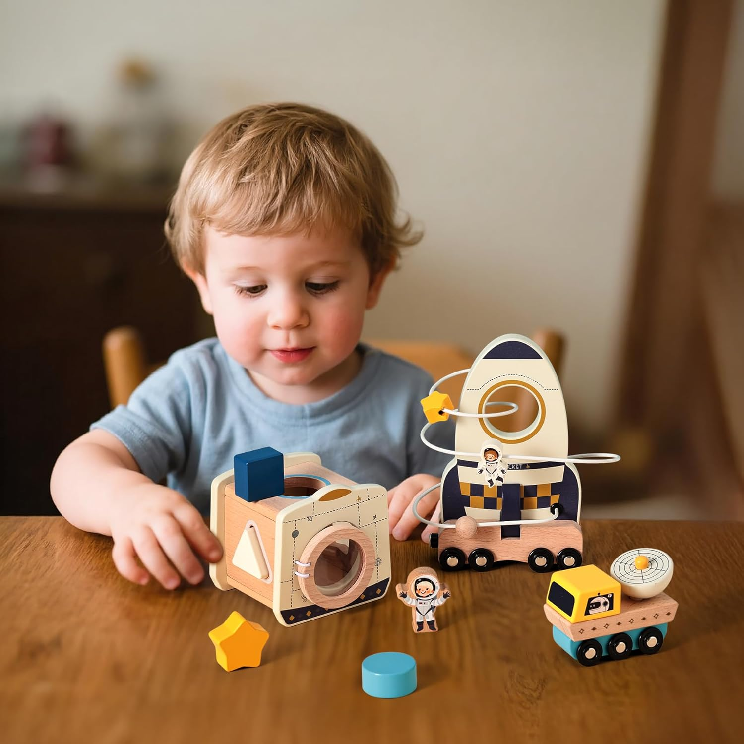 Rocket Space Toys Montessori Toys for Toddlers 1 2 3 Year Old Boy and Girl Baptism Birthday Gift Baby Toys with Shape Sorter Stacking image number 5