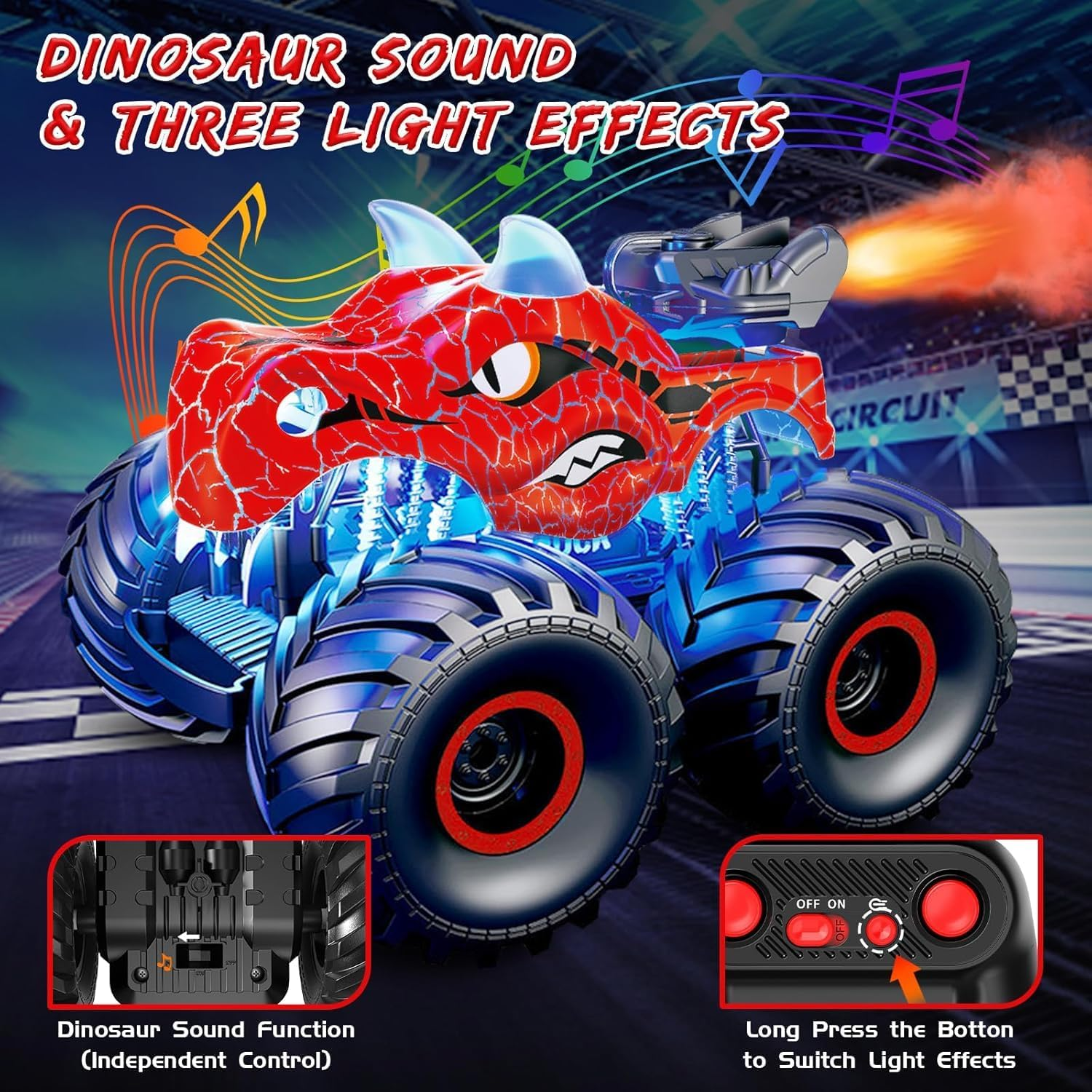 Remote Control Dinosaur Car, 2.4Ghz RC Monster Trucks for Boys with Spray, Light & Sound, All Terrain RC Cars with 2 Batteries, Dinosaur Toys for Kids 3 4 5 6 7 8, Christmas Birthday Gift (Red) image number 6