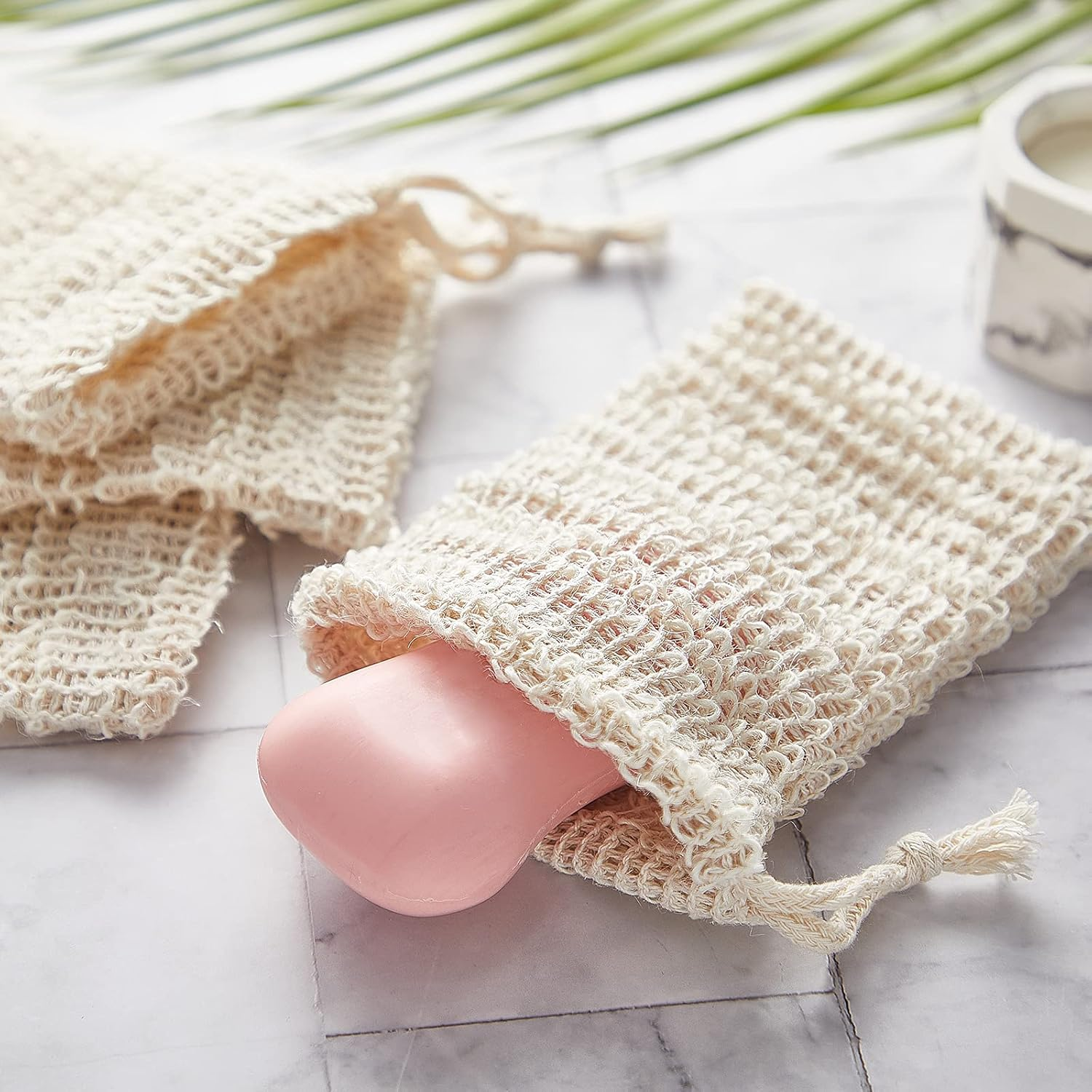 BBTO 5 Pieces Soap Saver Bag Natural Sisal Exfoliating Soap Pouch for Foaming and Drying the Soap Bars Shower Soap Bag(10 X 15 Cm,Beige)