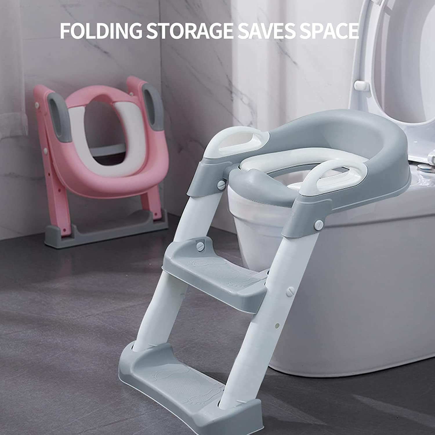 Potty Training Seat with Adjustable Ladder, 2 in 1 Foldable Potty Training Toilet for Kids Boys Girls, Toddlers-Comfortable Safe Potty Seat with Anti-Slip Pads