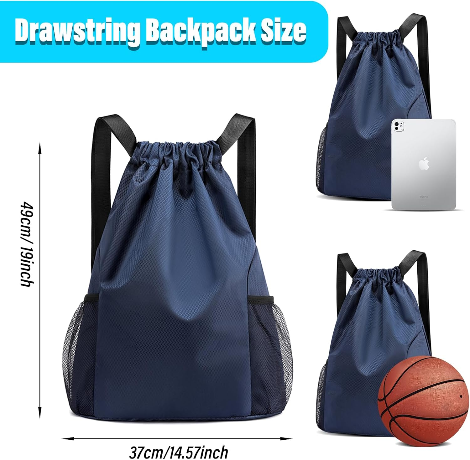 Drawstring Backpack, Water Resistant Lightweight Drawstring Bag with Inner Pocket, Side Mesh Pockets, for Women Men Sports Basketball Travel Camping - Black image number 3