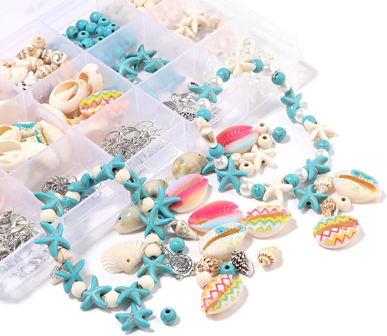 325 Pcs Ocean Jewellery Making Kit,Beach Beads Charms with Turtle Mermaid Dolphin Starfish Alloy Sea Pendants for Necklace Anklet Craft Jewellery Making (1 Set) image number 3