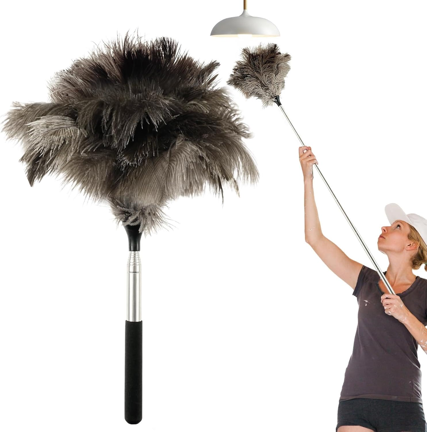 Fizocosisto Extendable Ostrich Feather Duster with Nonslip Handle, 15" - 45" Retractable Feather Duster for Cleaning Ceiling Fan Pendant Lamp High Ceiling Blinds Furniture image number 4