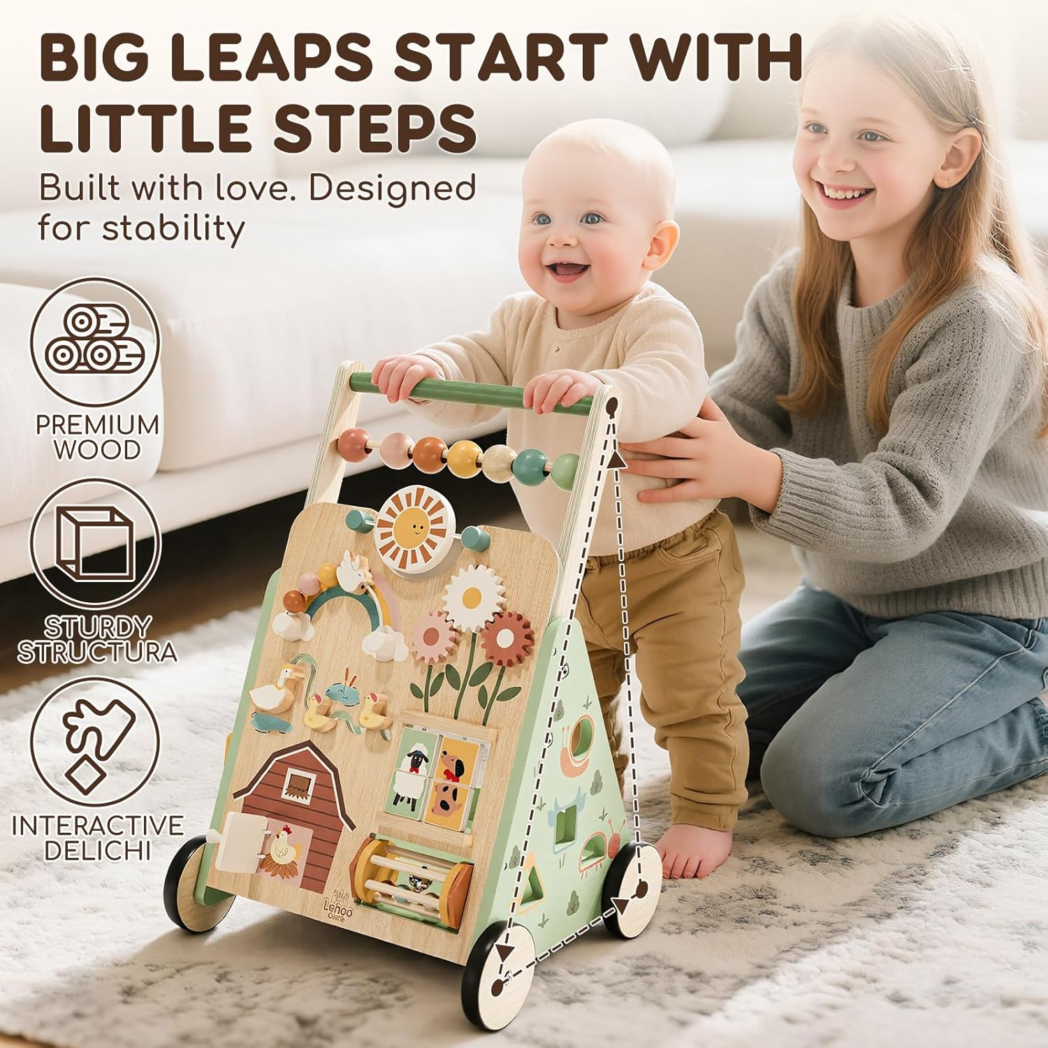 Lehoo Castle Wooden Baby Walker, Baby Activity Centre for 1 2 Year Olds, 13 in 1 Montessori Activity Board Multiple Push Walker for Babies, Learning Walking Toy Baby Gifts for Boys Girls Age 12 Months+ image number 2