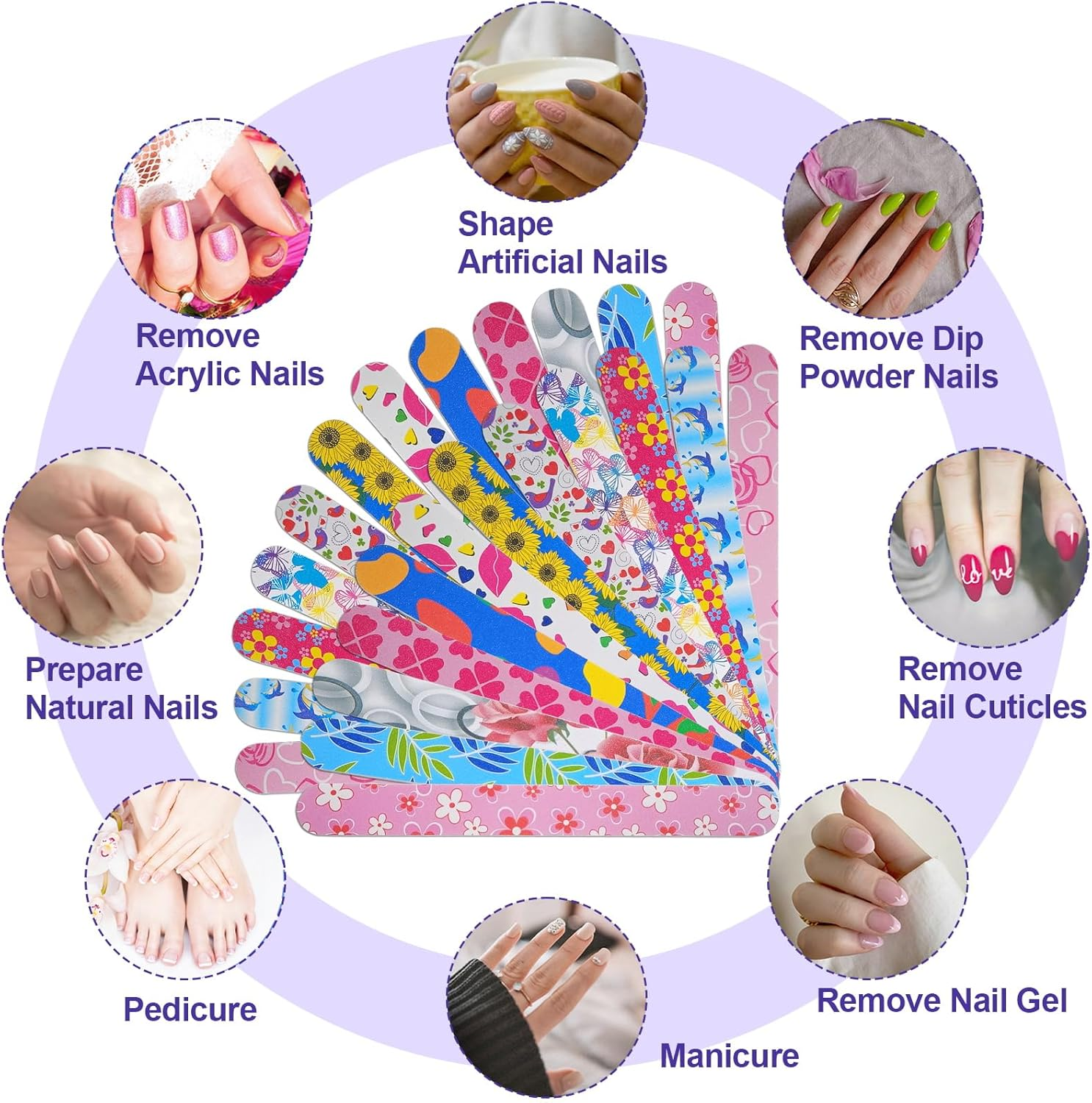 Nail Files (24 Pack), Colorful Emery Board Nail File for Natural Nails Double Sided 180 Grit Professional Fingernails Emory Boards Buffer Manicure Tool Nail Shaping Buffing Smoothing Filers Flowery image number 4