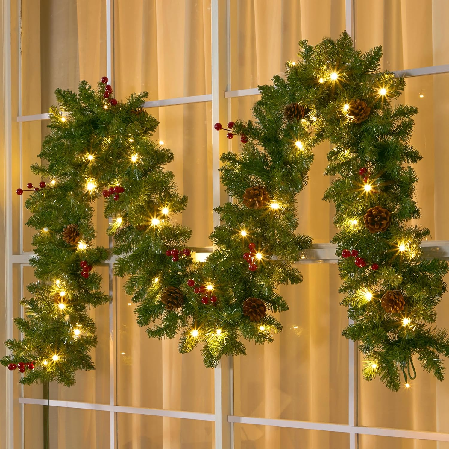 Joiedomi 9Ft Artificial Christmas Garland Prelit with 100 LED Lights, 27 Pine Cones, 27 Red Berries for Home & Office Christmas Decorations (Battery Powered, Batteries Not Included) image number 3