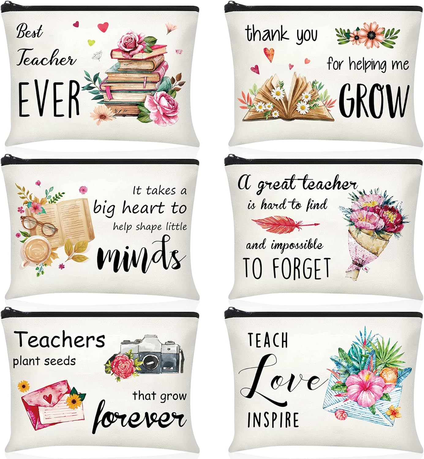 Buryeah 6 Pcs Teacher Appreciation Gifts Teacher Canvas Cosmetic Makeup Bags Toiletry Bag with Zipper for Travel Holiday Bulk(Retro) image number 5