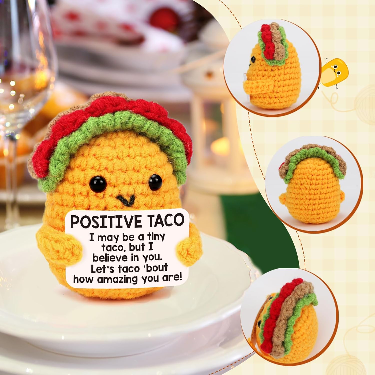 Tusuqing Mini Positive Crochet Taco Emotional Inspirational Support Christmas Small Gifts for Women Birthday Gifts, Handmade Knitted Crochet Animals Christmas Stocking Stuff Idea Cute Taco Desk Decor image number 5
