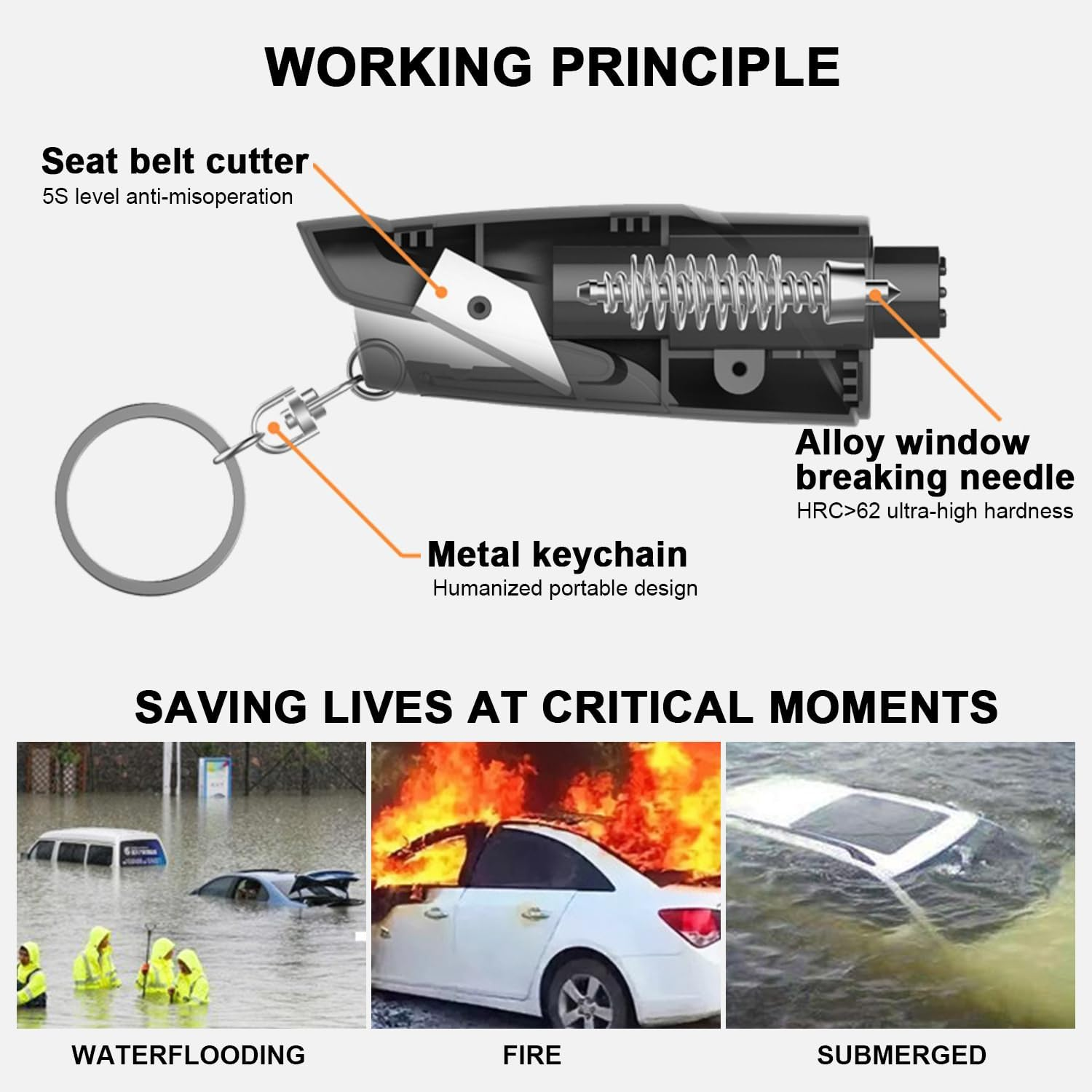 Car Escape Rescue Tool,4 Pack Car Window Breaker and Seat Belt Cutter,Emergency Key Chain Car Escape Tool,With Glass Breaker Seat Belt Cutter image number 6