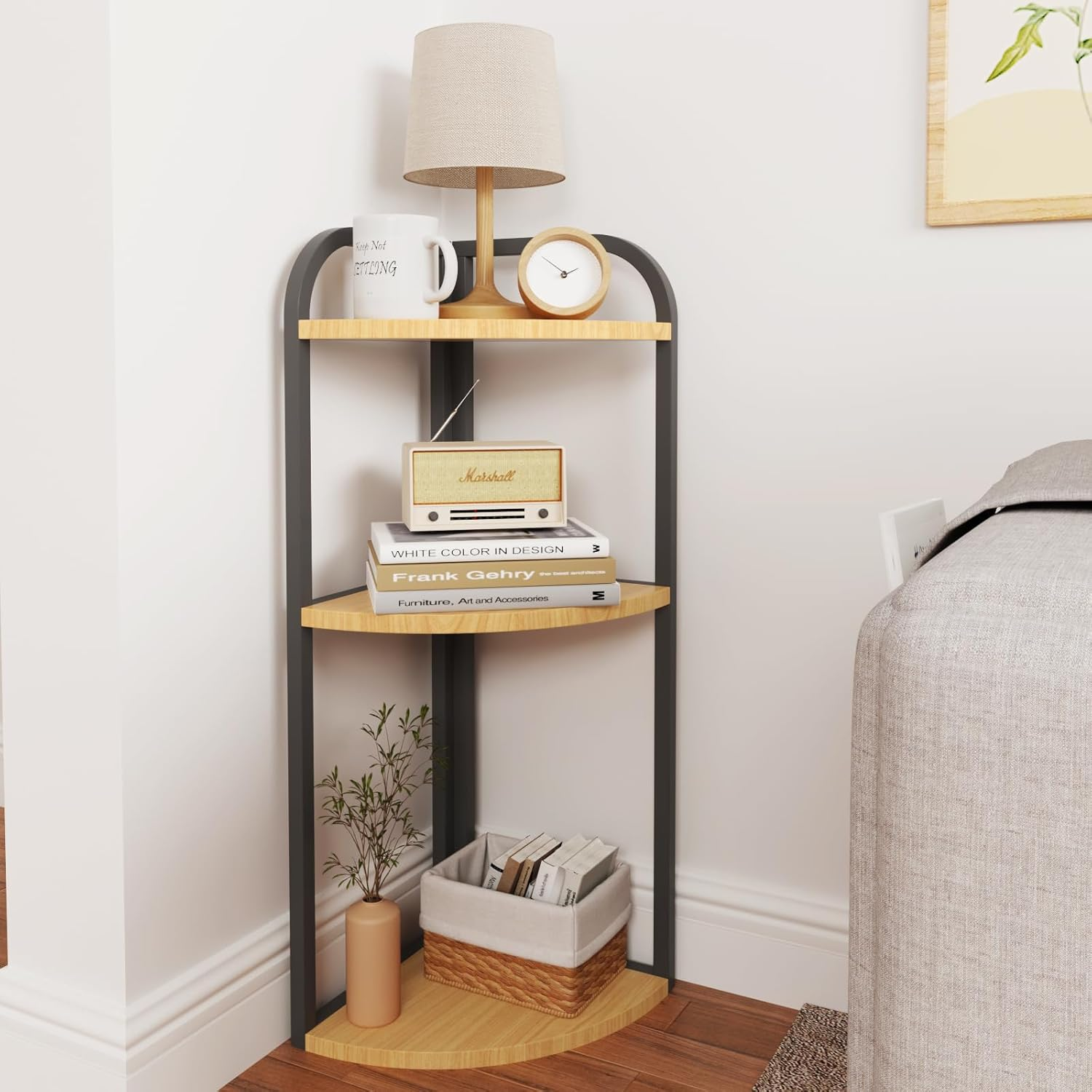 Joiena 3-Tier Desktop Bookshelf, Corner Shelf, Multipurpose Corner Display Rack Industrial Storage Corner Shelving for Bedroom, Living Room, Kitchen, Small Space (White)