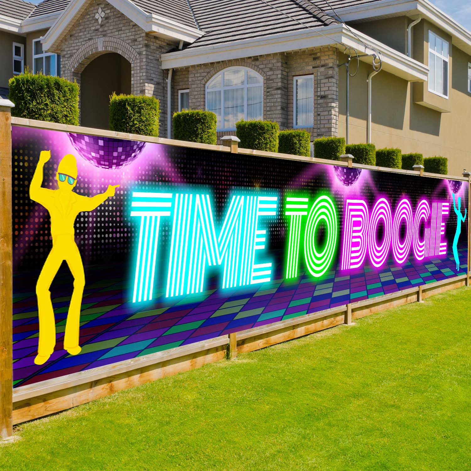 Disco Party Banner Backdrop Time to Boogie 70S 80S Neon Retro Dancing Night Theme Wall Yard Decor for Disco Fanatics Birthday Party Let'S Glow Crazy Prom Favors Decorations Supplies 118X20In-Beckten image number 3