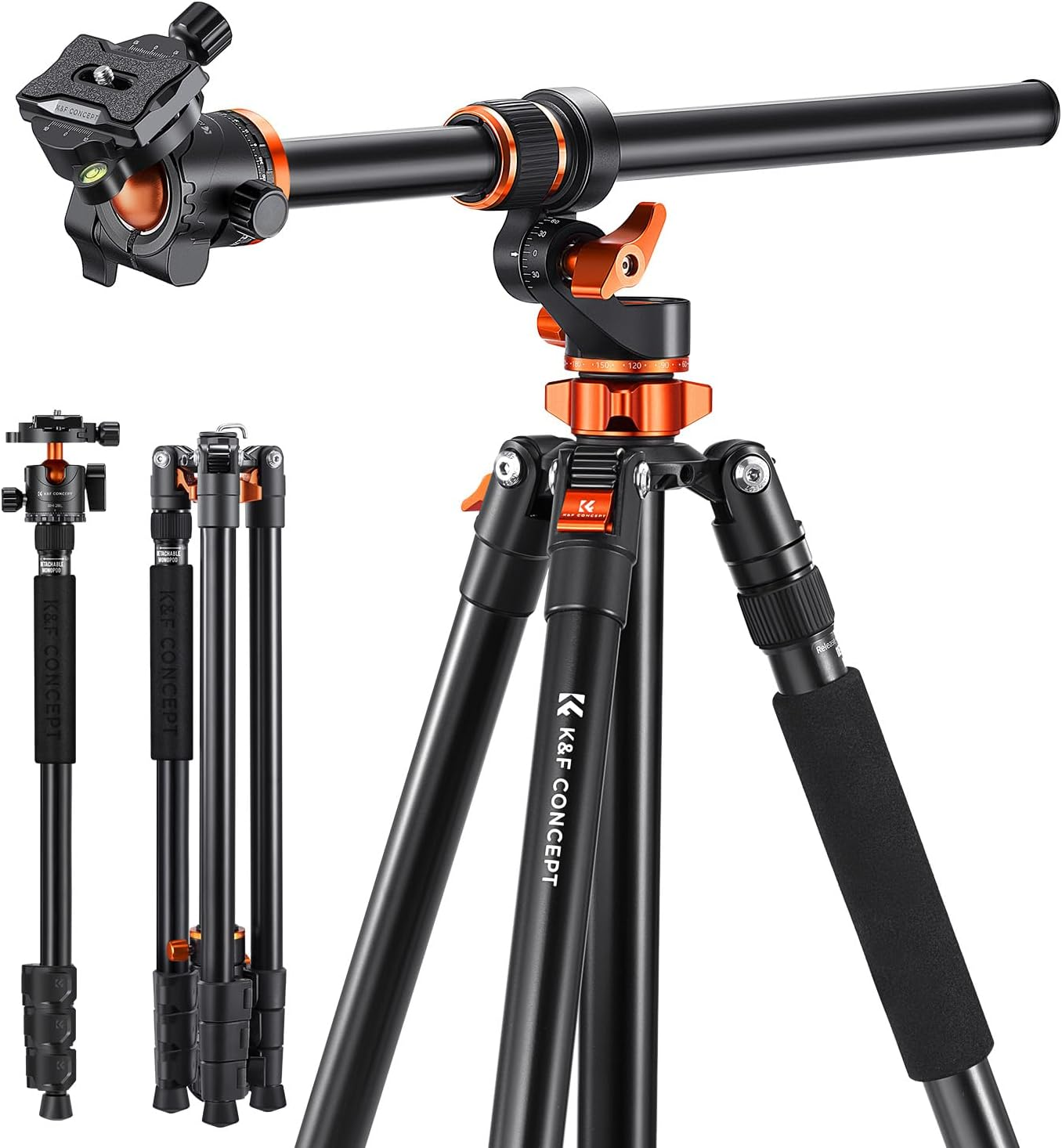 K&F Concept 90 Inch/230Cm Ultra High Camera Tripod,Horizontal Overhead Shooting Travel Tripod,Detachable Monopod with Metal Ball Head 10KG Load Capacity, for Indoor and Outdoor Use T254A7+BH-28L image number 5