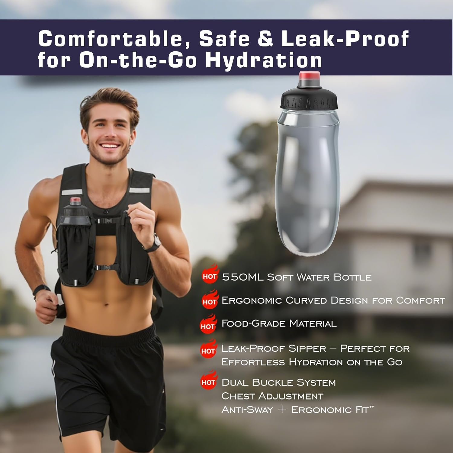 PIEKEDS Running Phone Holder Vest with 550Ml Running Water Bottle, Adjustable & Lightweight Hydration Vest | Reflective Running Vest for Men & Women image number 5