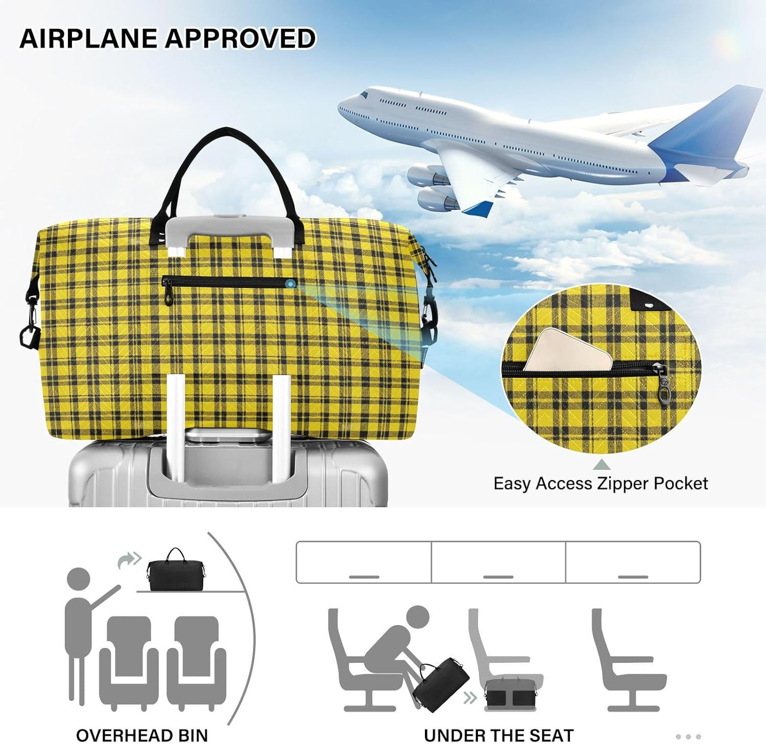 Large Bag Travel Weekender Gear Bag Gym Bag with Adjustable Strap for Airplane Traveling Large Capacity, Yellow Buffalo Plaid Checked image number 5