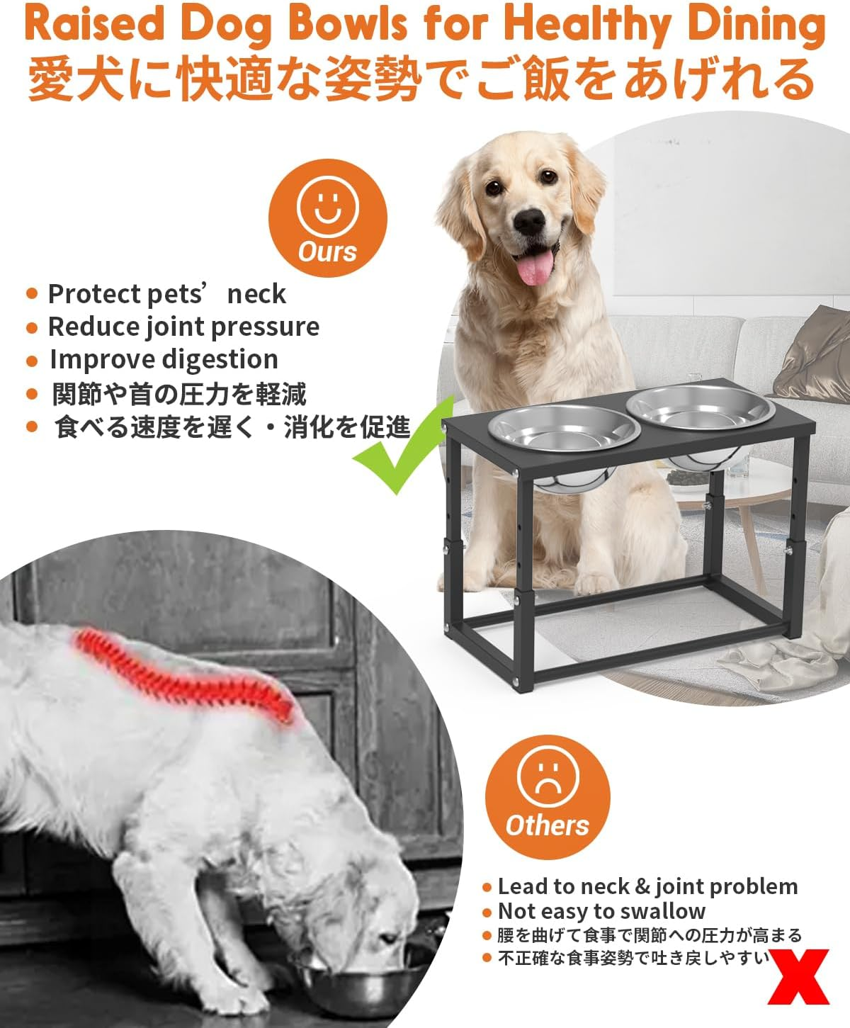 Elevated Dog Bowls Stainless Steel Raised Dog Bowls Adjustable to 4 Heights for Medium & Large Sized Dogs with 2 Stainless Steel Dog Bowls for Food & Water (Large（5"-12"）) image number 1