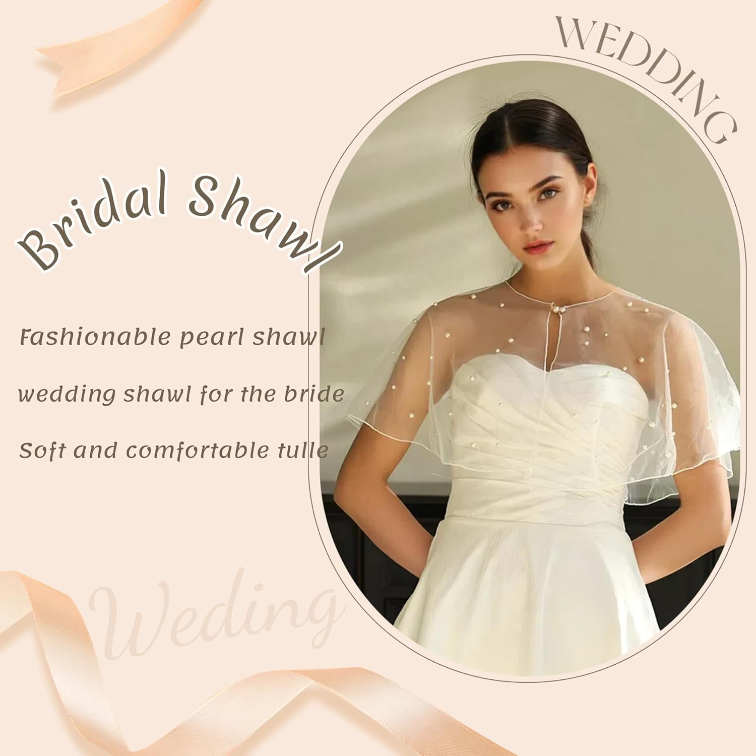 Mopmap Pearls Wedding Capes Shawl Wrap Shrug Bridal Evening Dress Jackets Flapper Bolero Cover up for Party Formal - Off White1 image number 4