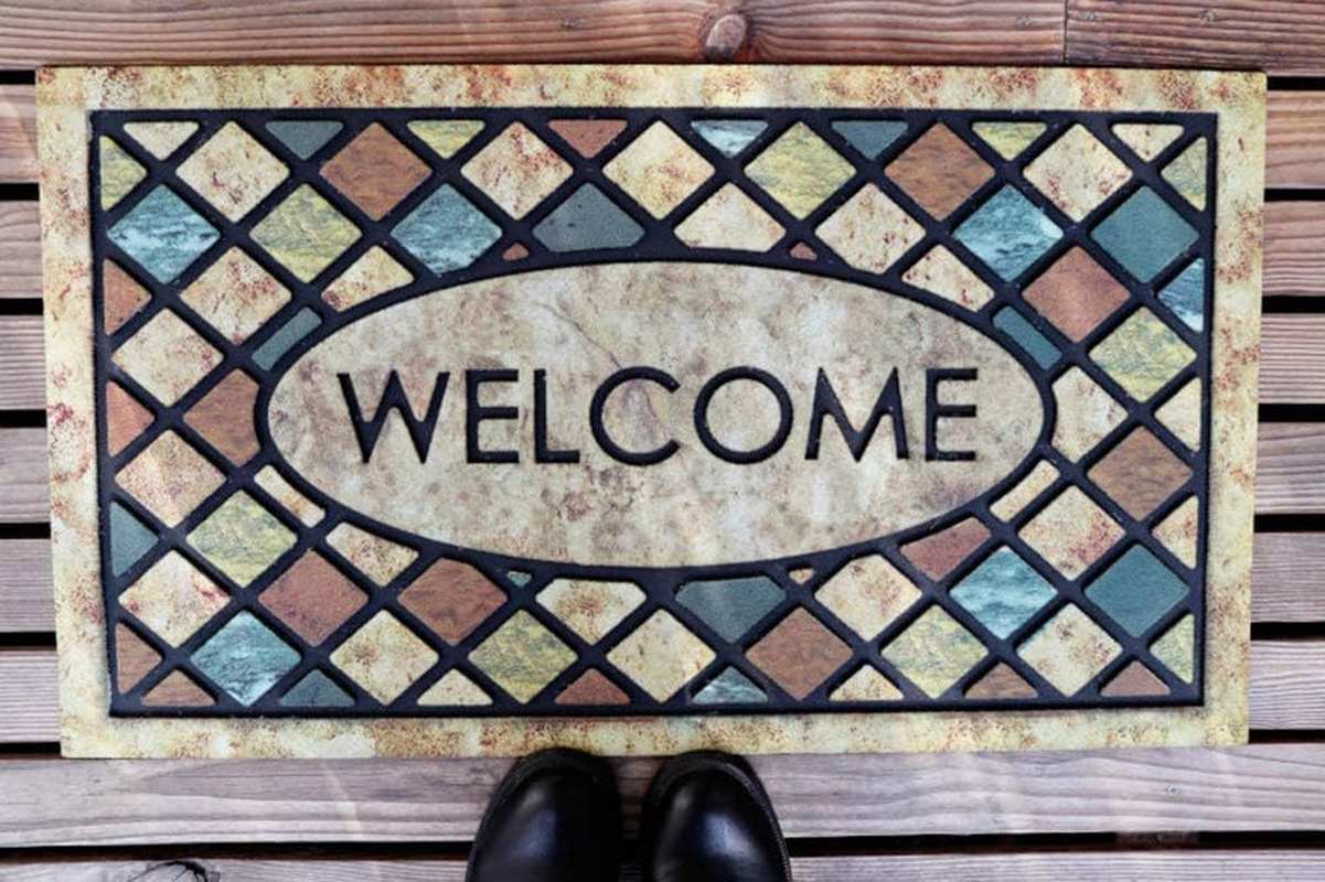 Blue Welcome Door Mat 60&times;90Cm Front Doormat Outdoors for Home Entrance Outdoors Mat for outside Entry Way Doormat Entry Rugs, Heavy Duty Toto Non Slip Rubber Back Low Profile 021
