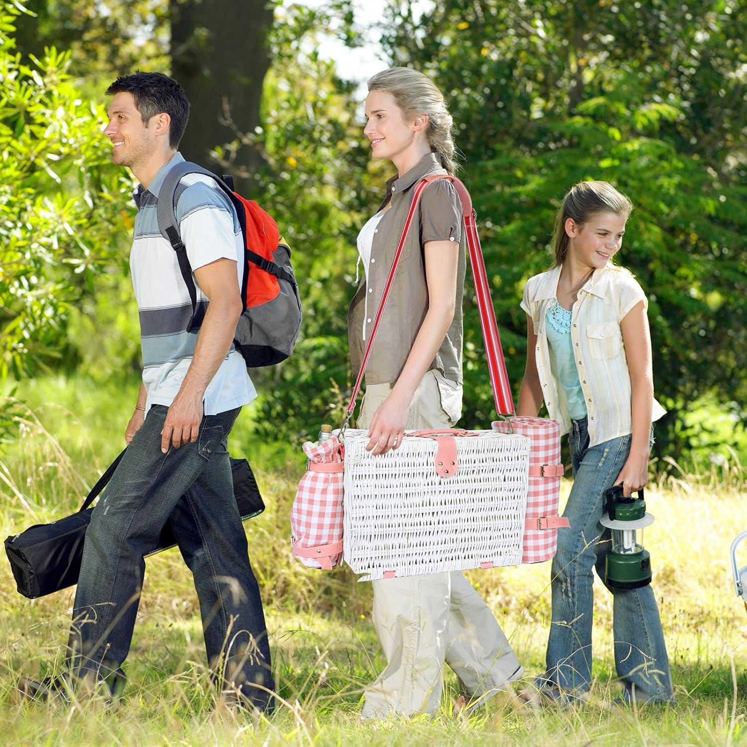 Picnic Basket for 2 with Waterproof Blanket and Wine Pouch, Insulated Wicker Picnic Basket Set, Large Willow Hamper for Outdoor, Beach, Camping, Couples, Wedding Gift, Pink - Blue And White Grid image number 6