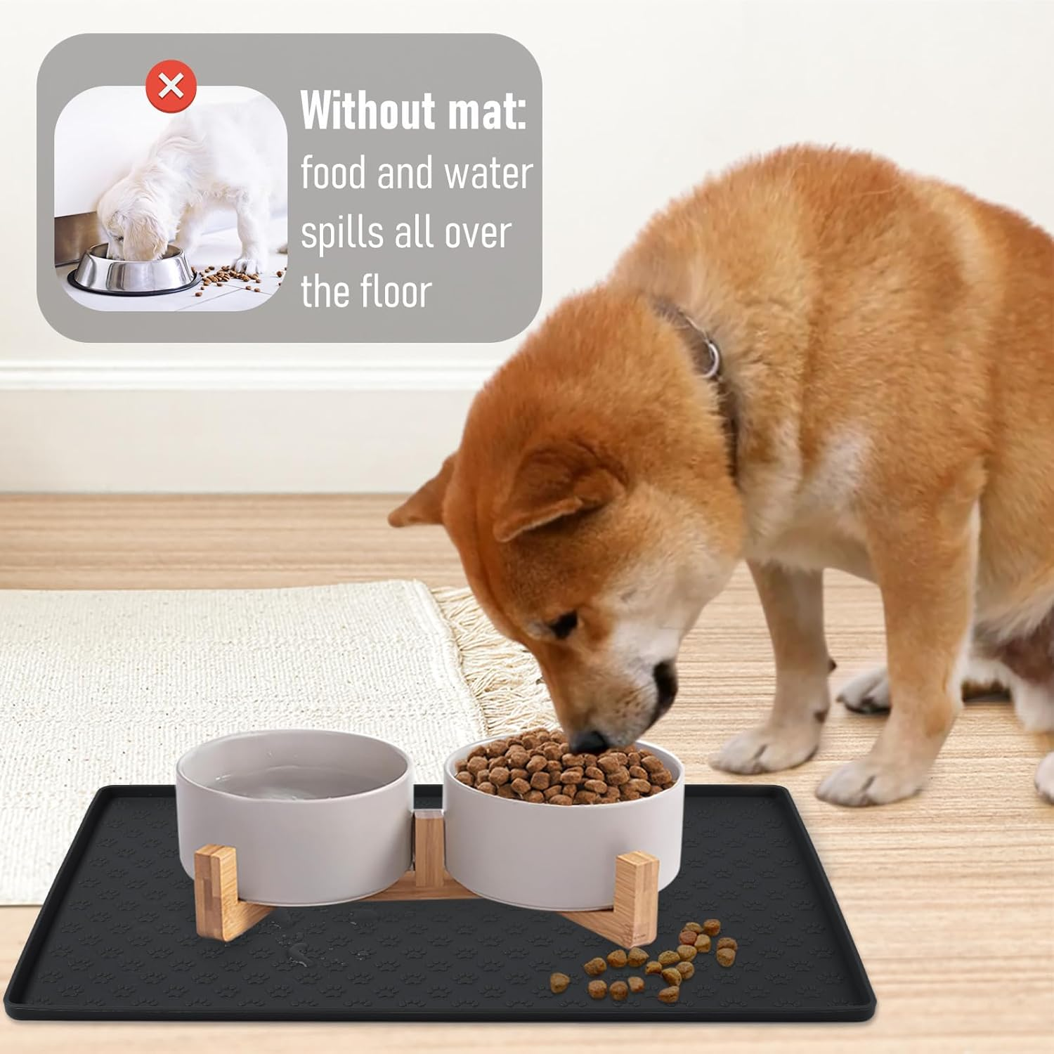 Silicone Dog Cat Food Mat, Waterproof Slip Resistant Raised Edge Pet Feeding Mats, Pet Bowl Mat Anti-Messy and Prevent Spill on Floor, Dishwasher Safe (Black, M: 18.9" X 11.8") image number 6