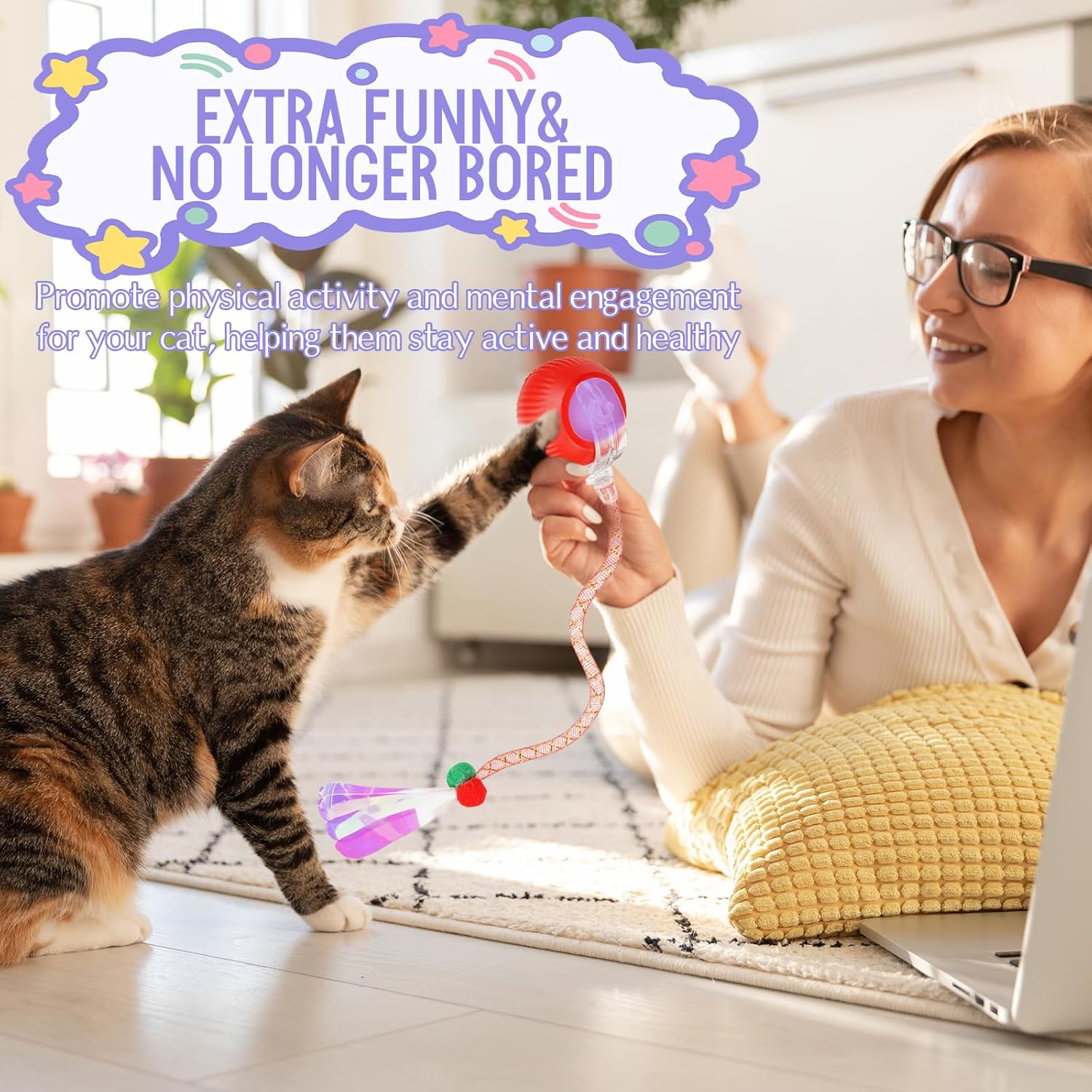 Interactive Cat Toy Ball with 2 Tails&ndash;2025 Upgrades Cat Toys for Indoor USB-C Rechargeable,Auto Rolling,Smart Obstacle Avoidance,Self-Activating Electric Chase Toy for Bored Indoor Cats & Dogs(Red image number 2