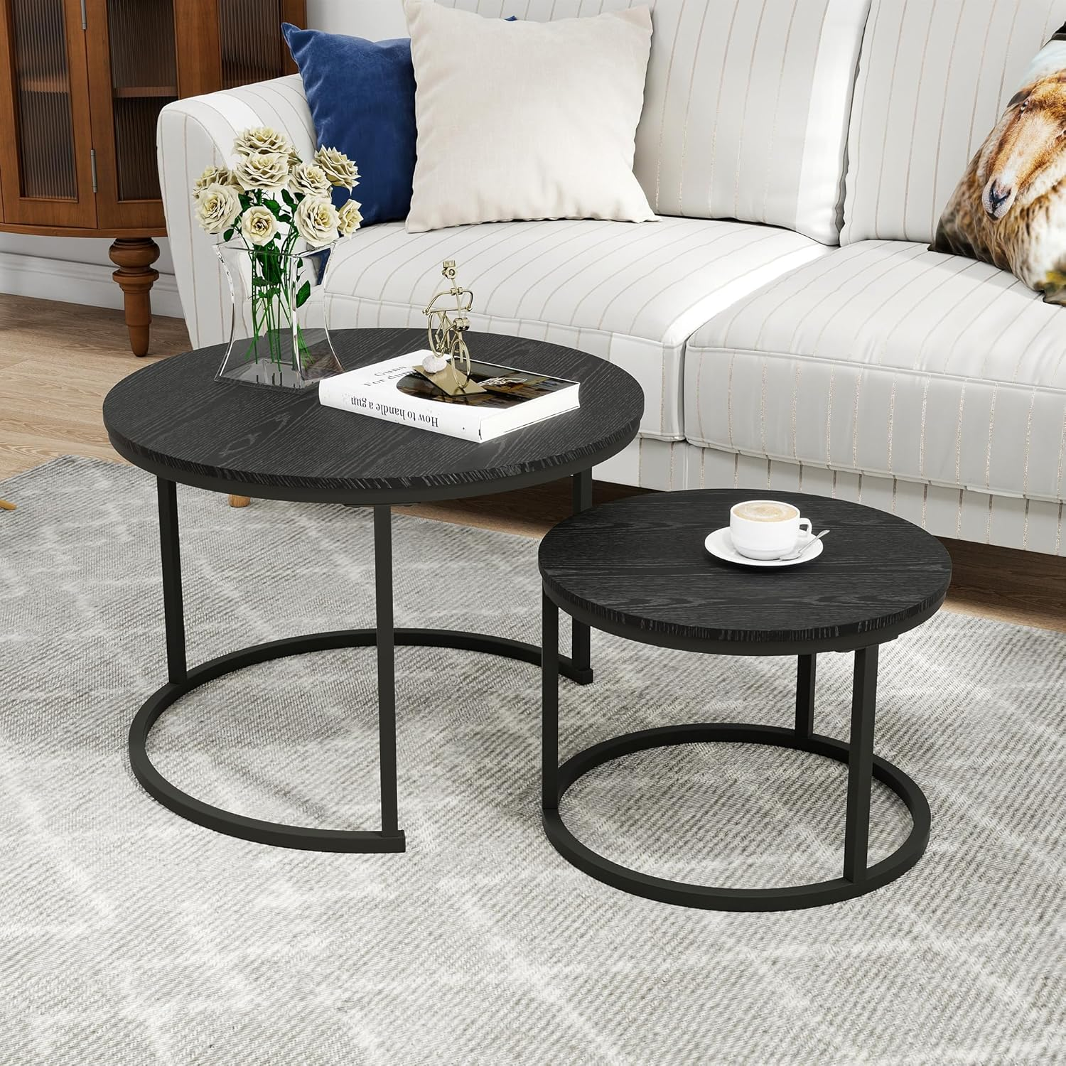 VERFARM round Nesting Coffee Table Modern Furniture Nesting Side Set of 2 Stacking Side Tea Table End Table for Living Room Balcony Office with Sturdy Metal Frame, Easy Assembly