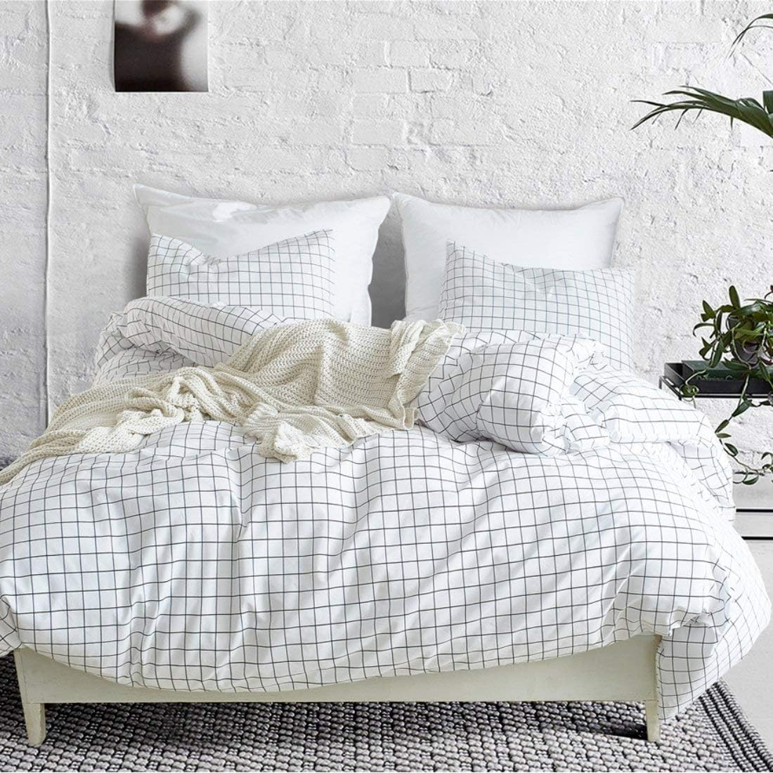 Mozeo Mini Black and White Grid Checkered Pattern Bedding Cover Set, Soft Duvet Cover Bedding Set 1 Duvet Cover and 2 Pillowshams(Queen White) image number 3