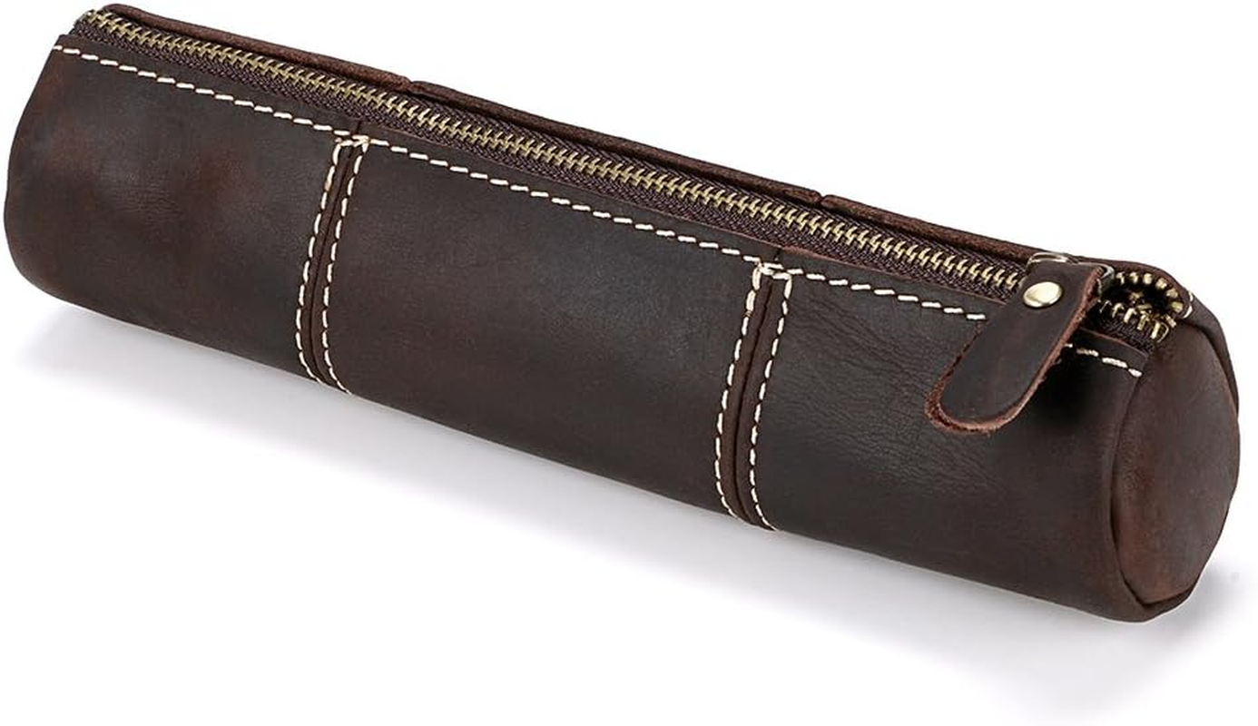 BTSKY Genuine Leather Pencil Case - Zippered Pen Case Stationery Bag Zipper Pouch Pencil Holder(Blue)