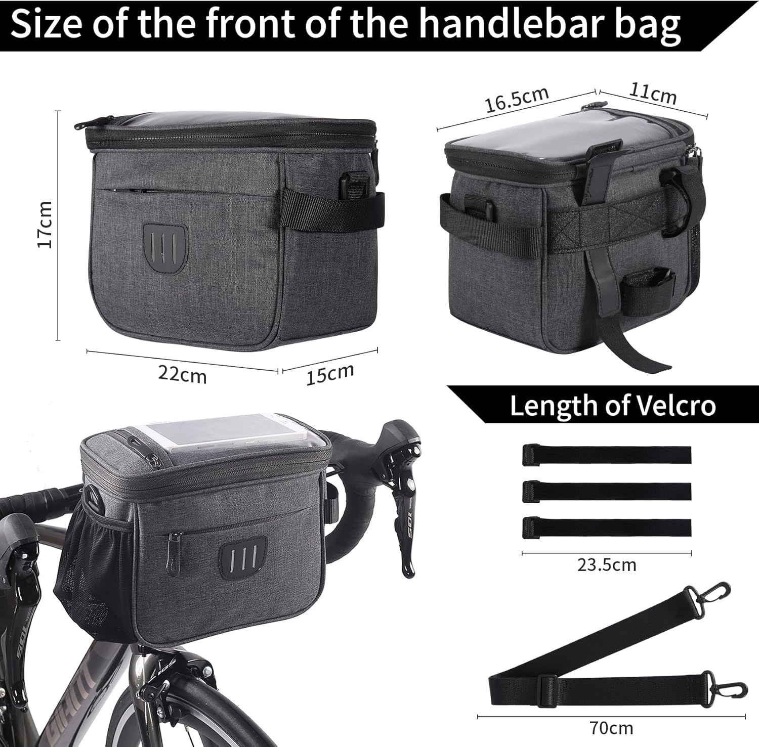 Annhua Bike Handlebar Bag Large Bicycle Front Storage Pouch, Waterproof Bike Phone Holder with Touchscreen and Shoulder Strap for Road MTB Cycling - Gray image number 3