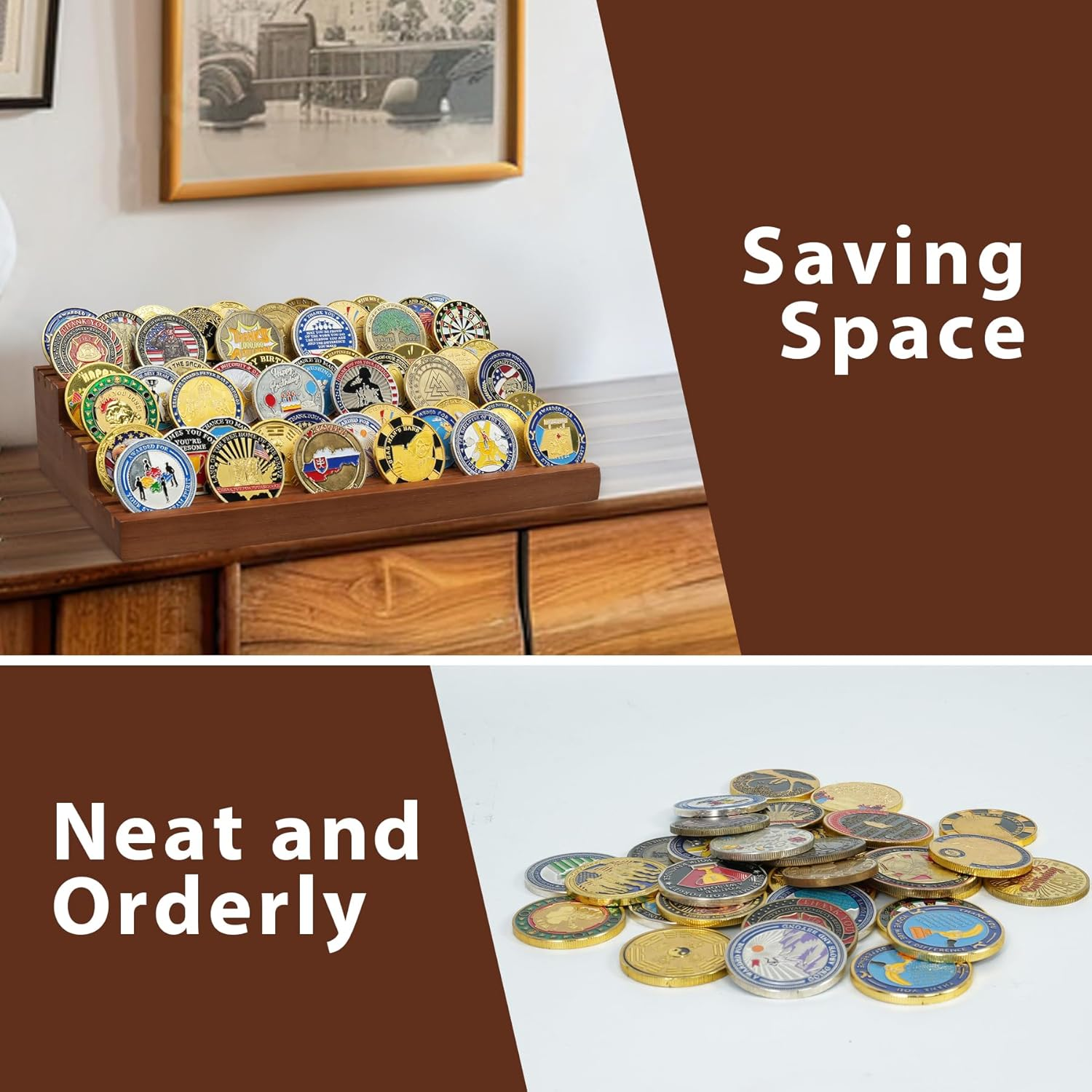 TJWZXX Challenge Coin Holder, 9 Rows Solid Wood Military Coin Display Stand Holds 60 Coins, Army Coin Rack Display Case for Desk Display image number 2