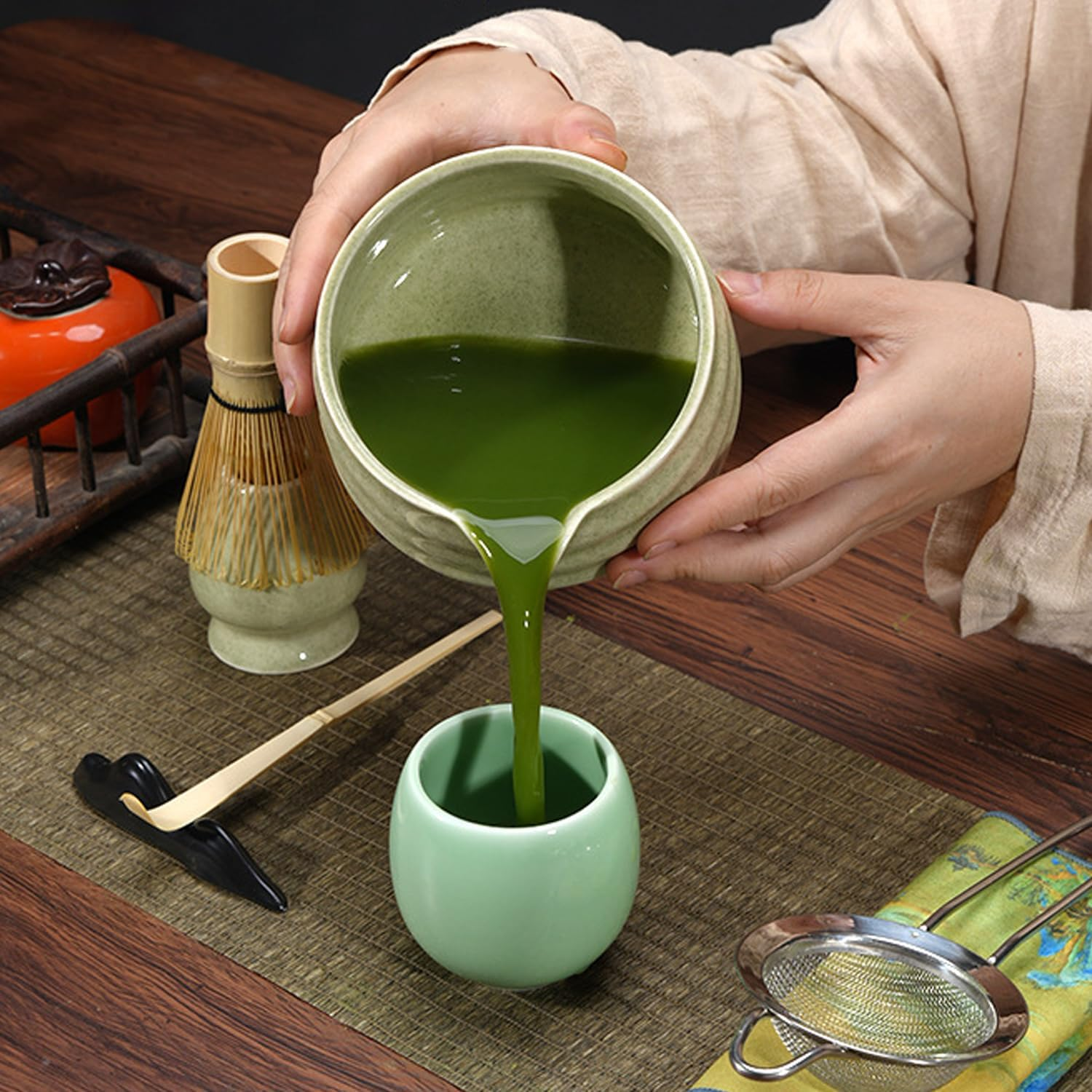 Matcha Set, Japanese Tea Set Includes Matcha Bowl with Spout, Matcha Whisk Holder, Bamboo Matcha Whisk and Sifter Scoop, 17 Oz Mottled Tea Green Glaze Ceramic Matcha Kit for Tea Lovers image number 6