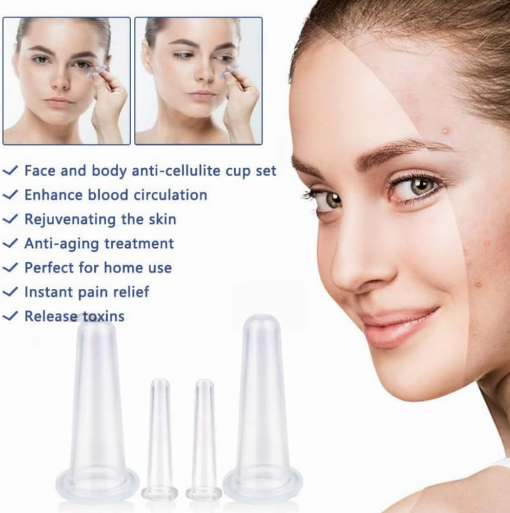 4 Pcs Silicone Facial Cupping Therapy Set Vacuum Massage Cup Kit Body Cupping Cup Set for Face Neck Back Eyes Massage Vacuum Cans Suction anti Cellulite Massager Health Care (White) - Blue image number 3