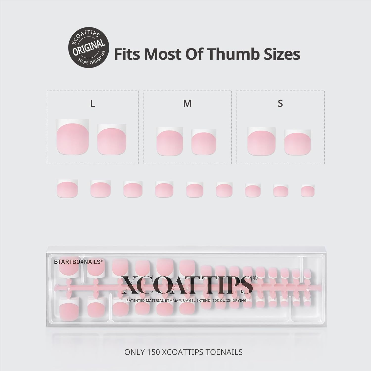 Btartboxnails XCOATTIPS Toe Nail Tips - Lamp-Curable Real Square Pink Press on Toenails for Women, 150 Soak off French Tip Toe Nail Extensions in 15 Sizes, Builder Gel & Top Coat Required image number 1