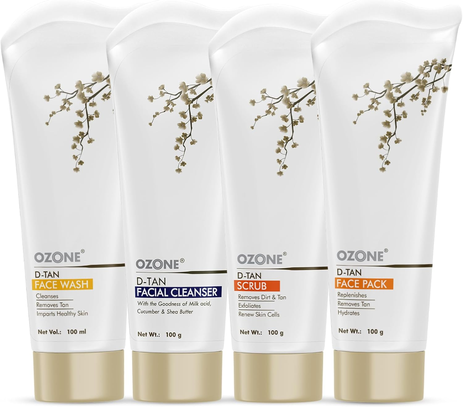 OZONE D-Tan Skin Care Combo | Instant Tan Removal for All Skin Types | Facial Cleanser, Pack, Scrub & Wash | 100Gm Each image number 2