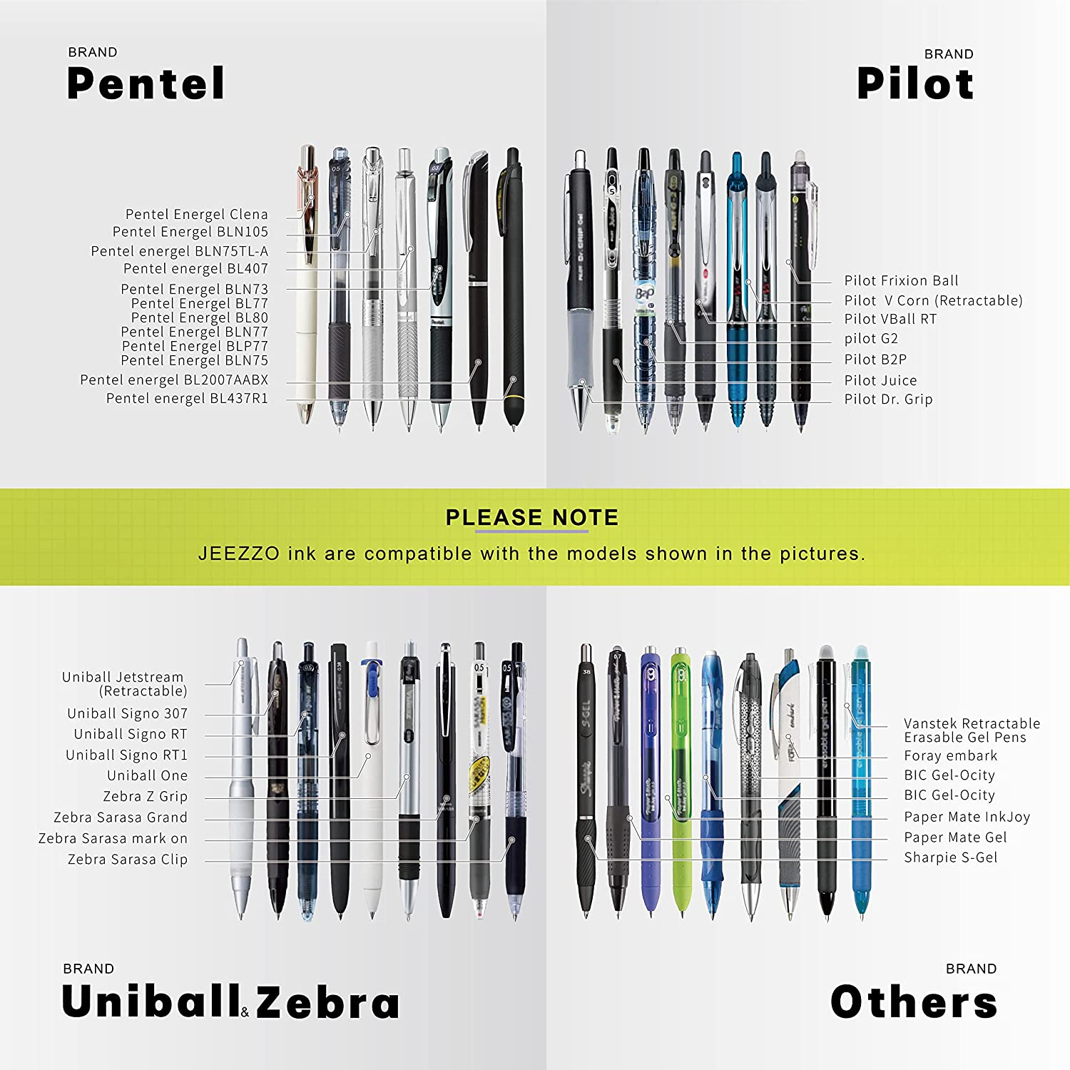 JEEZZO Gel Ink Refills Black Medium Point Compatible with Pilot Pentel Sharpie Uni-Ball Zebra Clickers for Working Drawing and Journaling 24 Pcs image number 2