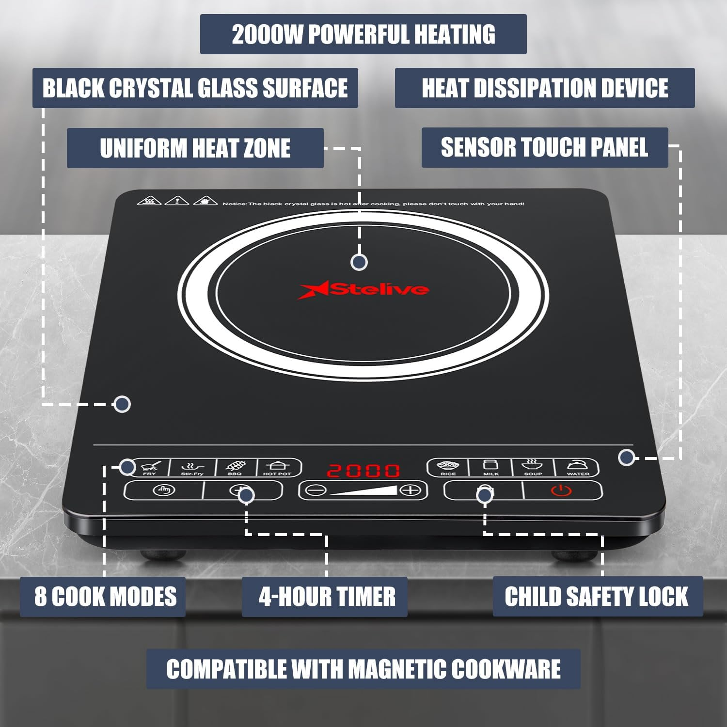Stelive 2000W Electric Induction Cooktop Portable Kitchen Cooker 8 Power Levels Electric Burner Induction Cooker with Sensor Touch for Home, Camping Compatible for Most Cookwares (Black) image number 5