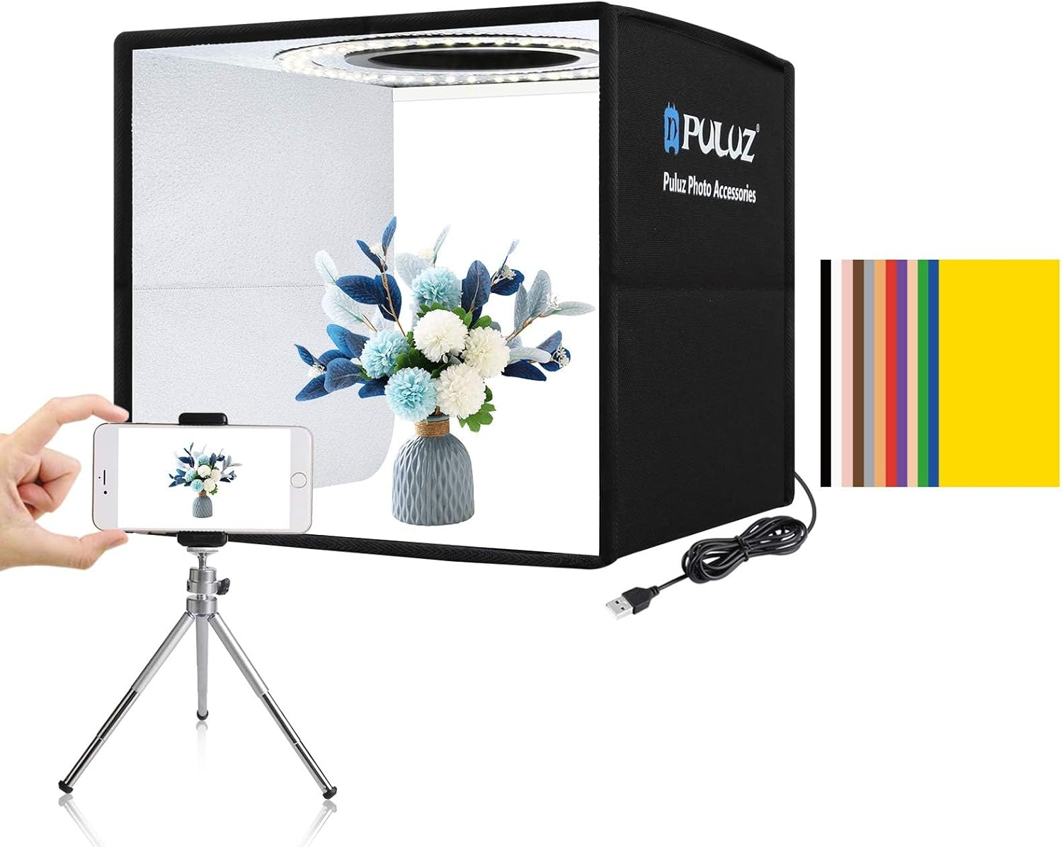 Portable Photo Studio Light Box, PULUZ 16"X16" Professional Dimmable Shooting Tent Kit with 160 Leds Lights & 6 Kinds Double-Sided Color Backgrounds for Product Photography