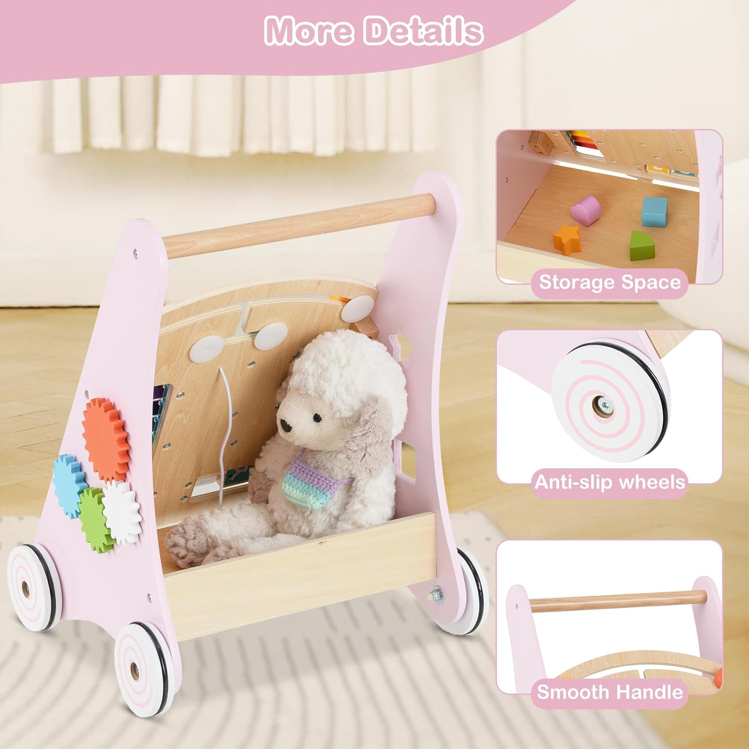 INFANS Wooden Baby Walker, Montessori Walker with Multiple Activity Toys, Storage, Push Walker Toys for Infant Learning to Walk, Sit to Stand for Boys Girls Aged 1+ Years (Pink) - Pink image number 3