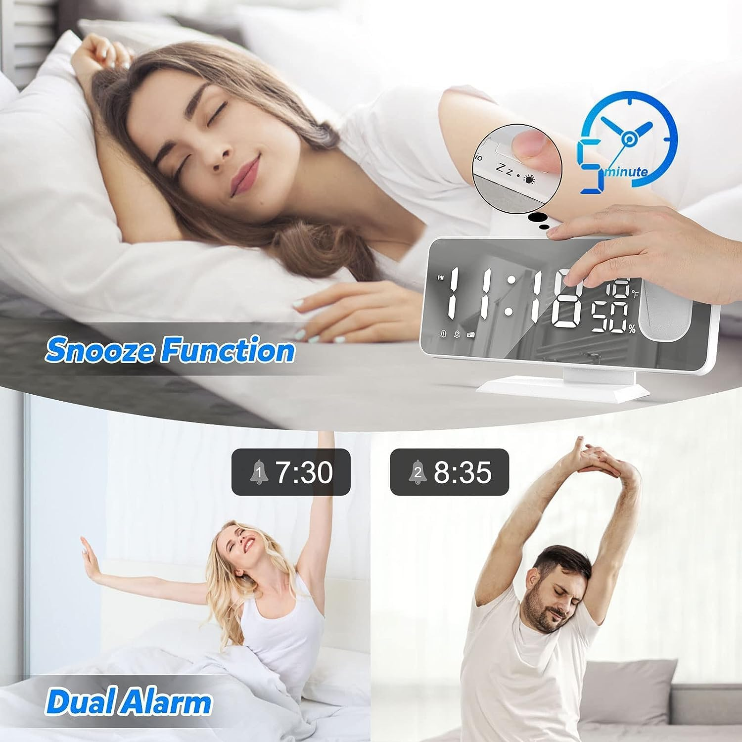 Projection Digital Alarm Clock for Bedroom, Beedove FM Radio Alarm Clock, Dual Alarm Clock with 3 Dimmer,Snooze,Timer,180&deg;Rotatable Ceiling Projection Alarm Clock for Home Decor, Desk, Office, White - White image number 6