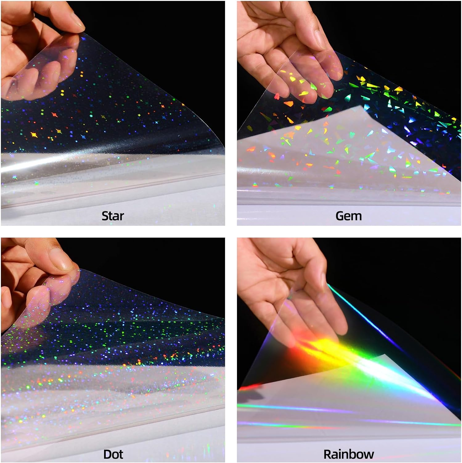 36 Sheets Holographic Sticker Paper, Transparent Holographic Vinyl Laminate Film, Clear Overlay Lamination Sticker Paper Self Adhesive Waterproof - Gem, Dot, Colorful, Star Patterns/8.5X11 Inch image number 3